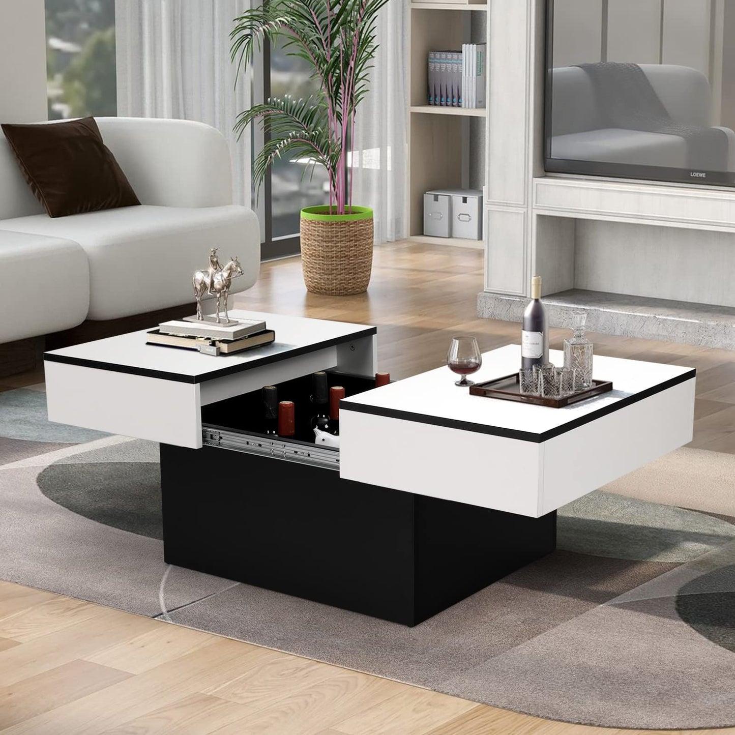 Vowner Coffee Table, Modern Coffee Table, Extendable Desk, Living Room Table with 2 Storage Spaces, High Gloss Finish, 114 x 58 x 40 cm, White Marbling