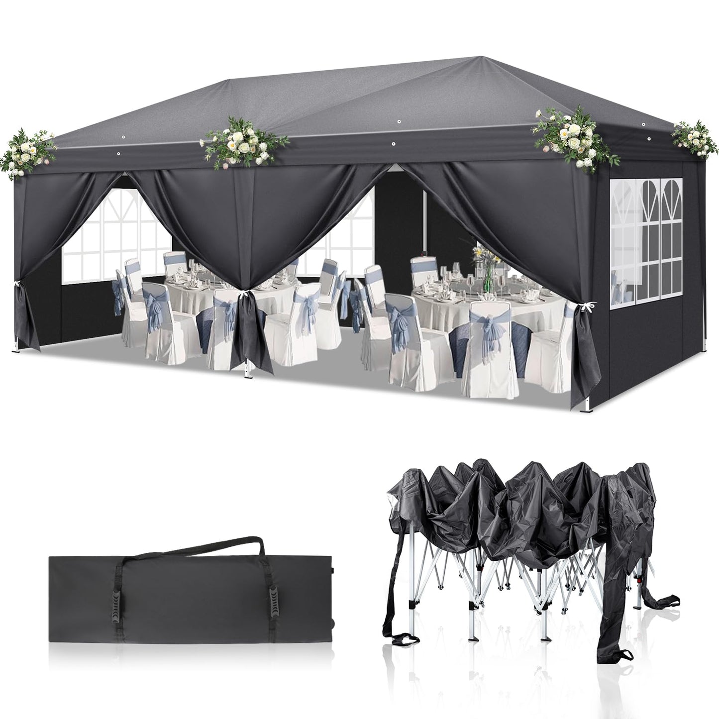 Gazebo 3 x 6 m, Folding Gazebo, Waterproof, Stable, Winterproof, UV Protection 50+, 420D Oxford, Foldable Height Adjustable, Party Tent, Garden Tent, for Garden, Camping, Outdoor, Black, 6
