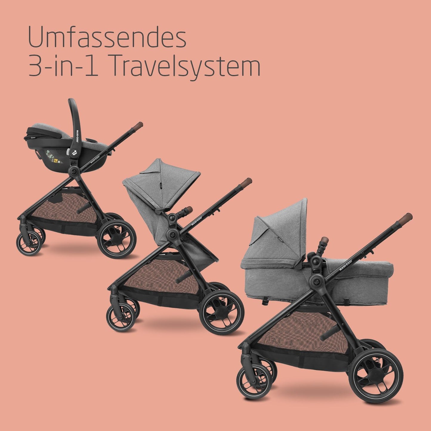 Maxi-Cosi Zelia S Trio Pushchair 3-in-1 Complete Set, 0-4 Years, up to 22 kg, Foldable, Compact, Adjustable Baby Pram, with CabrioFix S i-Size Baby Seat, Accessories, Changing Bag, Dark Grey