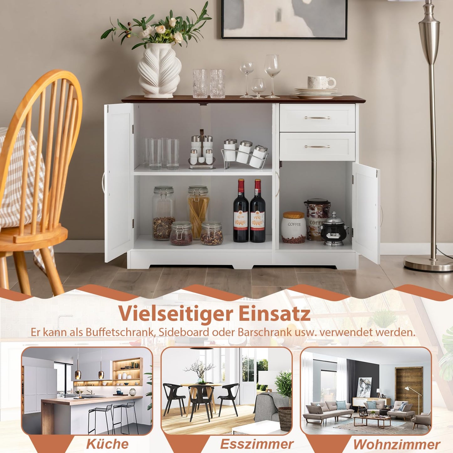 GOPLUS Sideboard Kitchen, Kitchen Cabinet with Doors & 2 Drawers, Buffet Cabinet with Worktop & Adjustable Shelf, Storage Cabinet for Kitchen & Living Room, 100 × 40 × 78 cm (White)