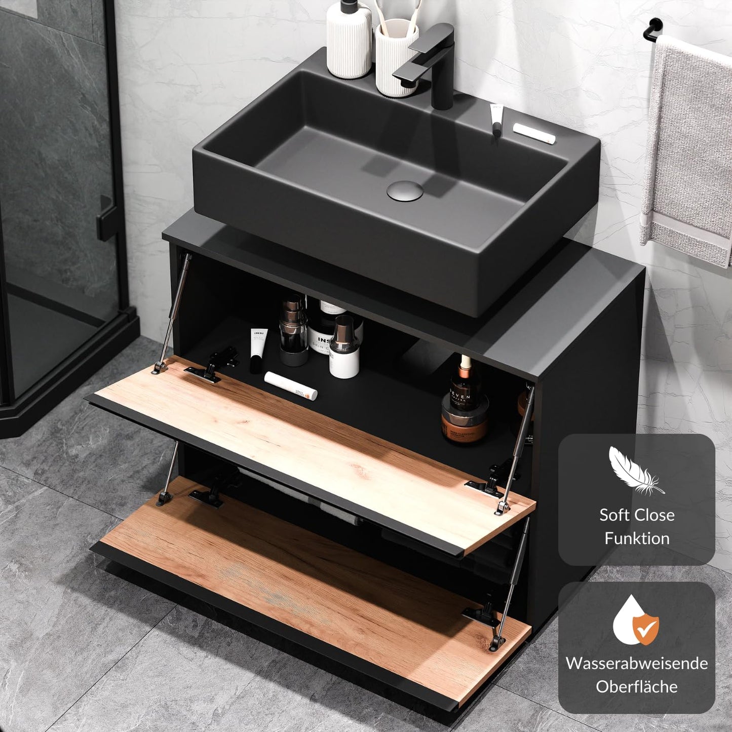 Planetmöbel EDA 80 cm Vanity Unit, Vanity Unit, Bathroom Cabinet for Guest Toilet and Bathroom, Anthracite/Gold Oak