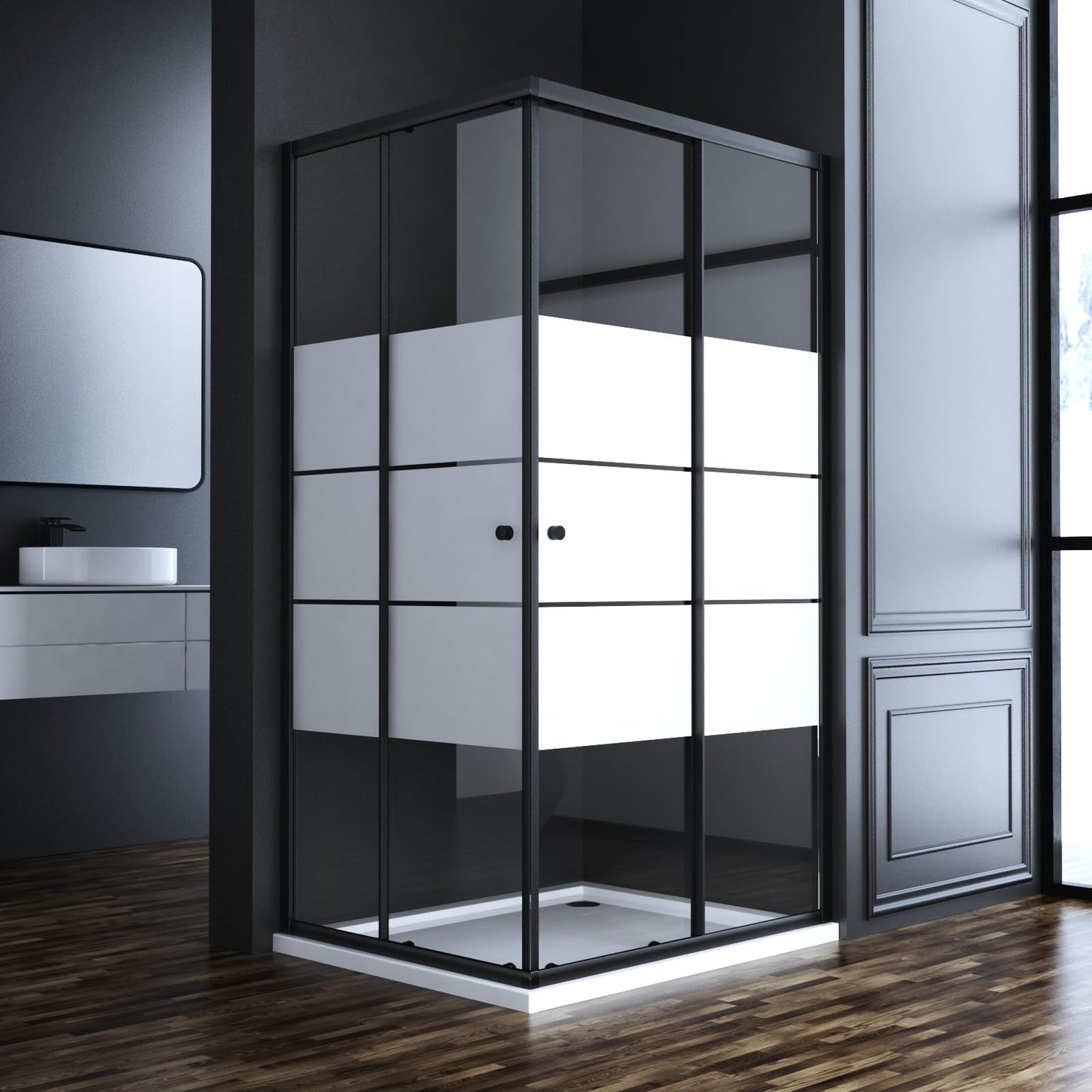 Shower Cubicle Black Double Sliding Door with Corner Entry 75 x 75 cm Shower Screen Sliding Doors Shower Enclosure 6 mm Tempered Glass Height 185 cm Shower Door