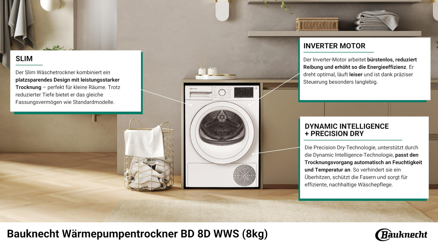 Bauknecht BD 8D WWS Heat Pump Dryer / 8 kg / Energy Efficiency Class A++ / Precision Dry - Intelligent Drying / Inverter Motor / Slim - Extra Slim / Drum Lighting