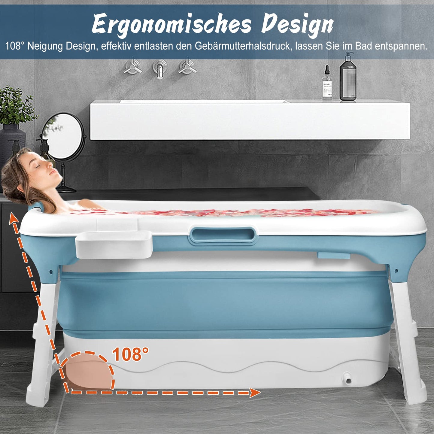 LARS360 Foldable Bathtub, Adult, Travel Bathtub, Folding Bathtub with Removable Cover, Soap Basket, Massage Rollers, Mobile Bathtub for Small Bathroom (118 x 62 x 53 cm)