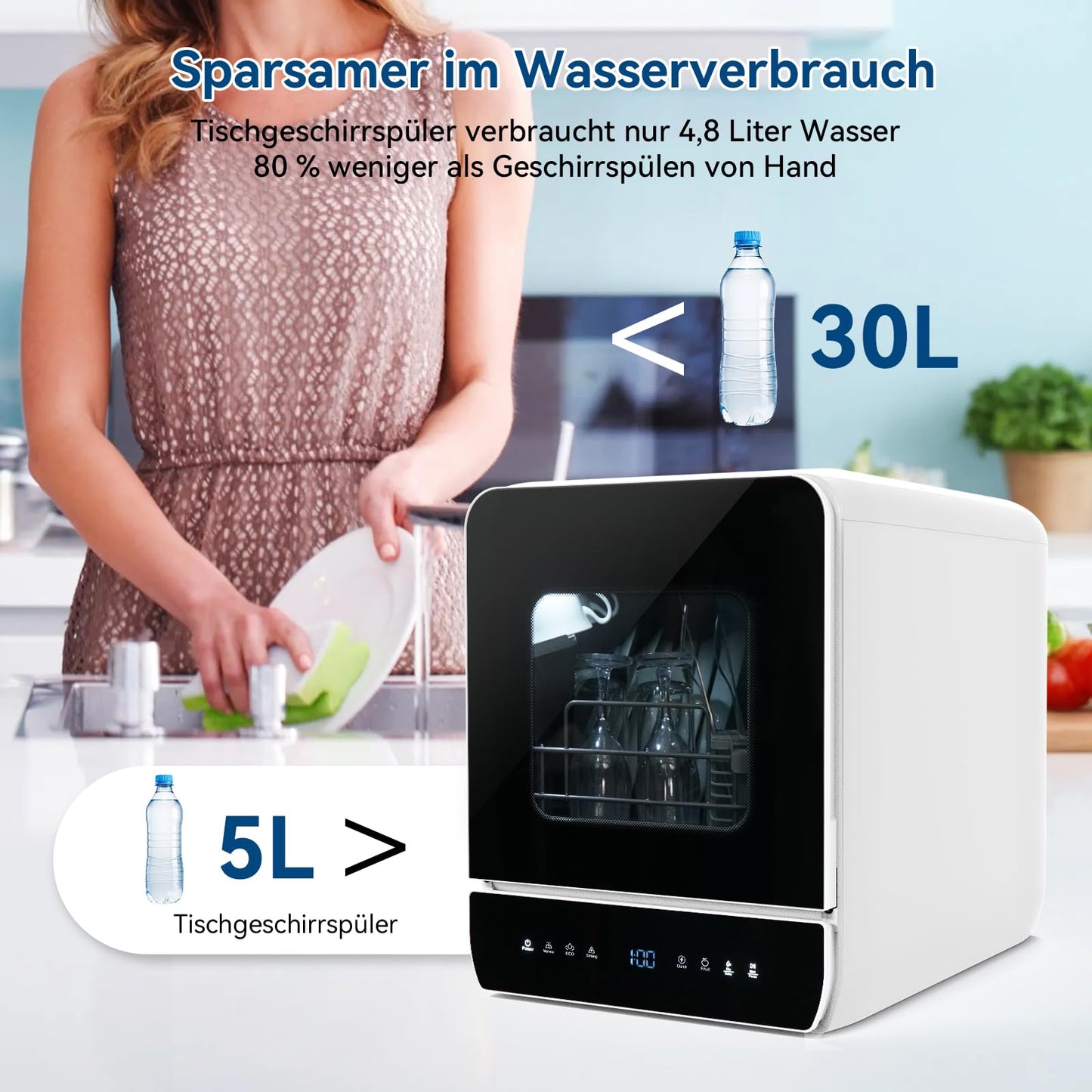 Mini Dishwasher for 3 Place Settings, Table Dishwasher with 7 Programmes with Drying Function, Can Be Used With/Without Water Connection, Dishwasher 4.8 L, Touch Control for Motorhomes, Homes