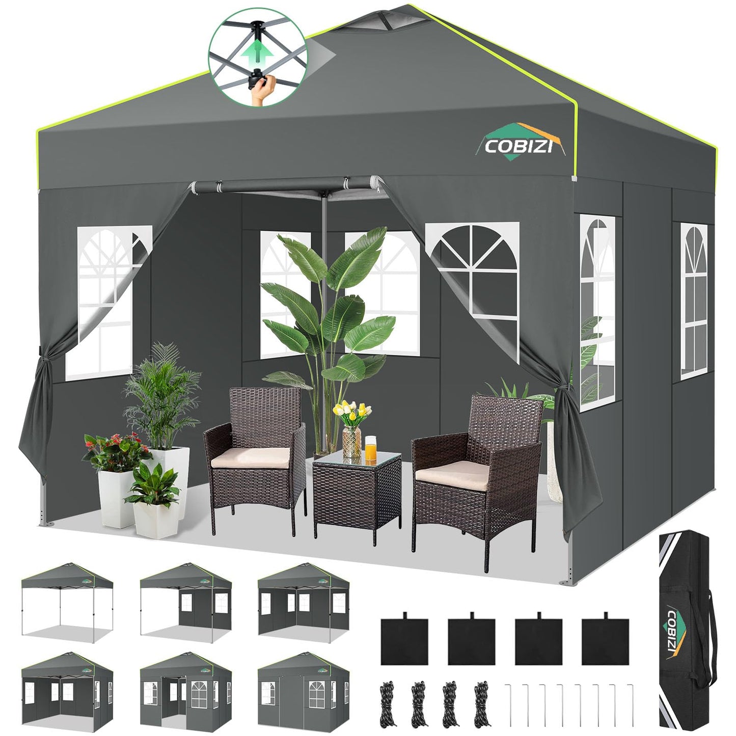 COBIZI Faltpavillon 3x6 Pavillon wasserdicht Winterfest, Ein-Tasten-Zentralverriegelung Partyzelt Faltbar Anti-UV mit 6 Seitenwänden, Gartenpavillon mit Leuchtstreifen für Hochzeiten, Freien, Garten