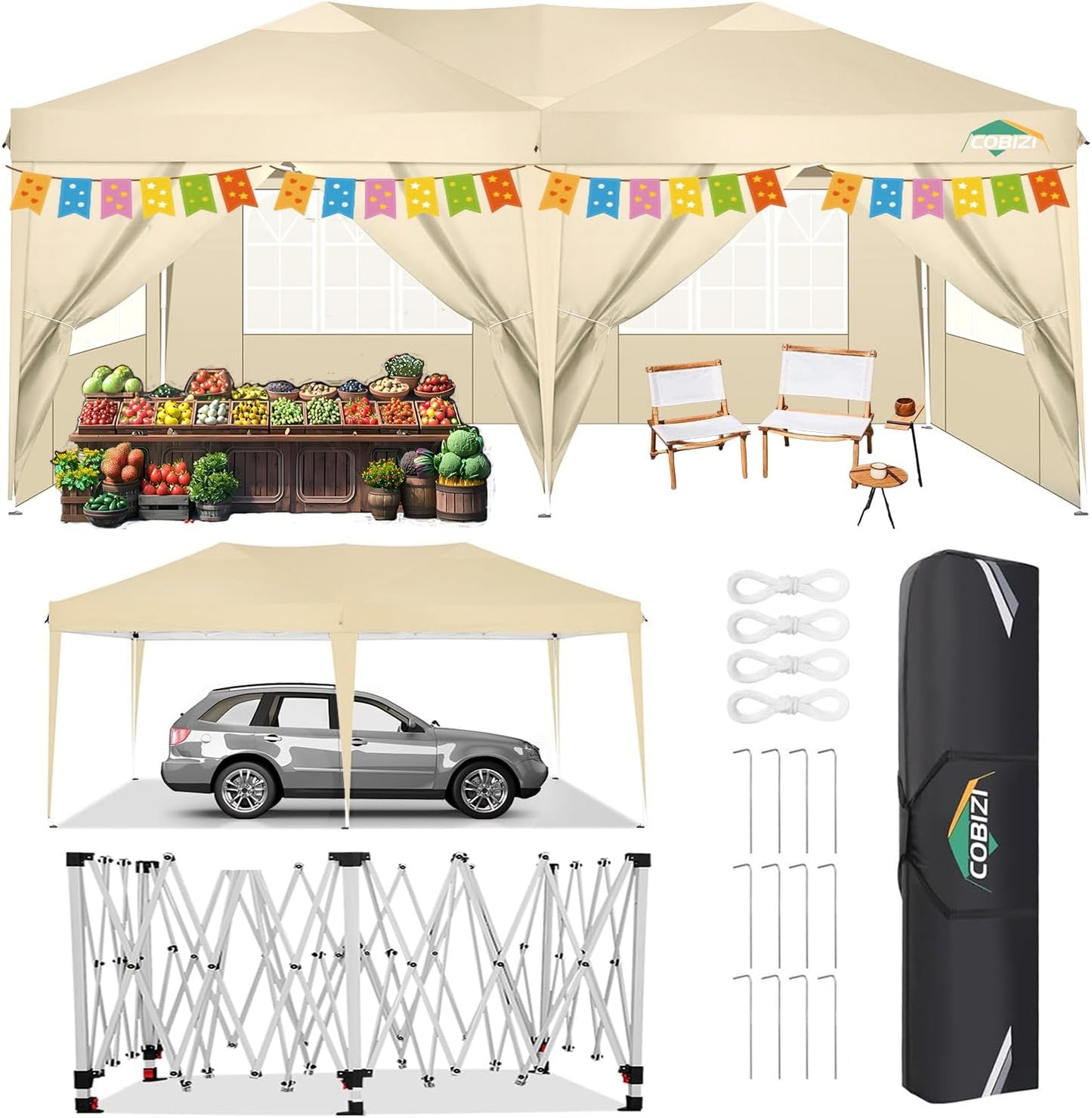 COBIZI Gazebo 3 x 6 Folding Gazebo Waterproof Stable Winterproof Foldable Party Tent with 6 Side Panels Pop Up Garden Gazebo UV Protection 50+ Height Adjustable for Beach Wedding Camping White