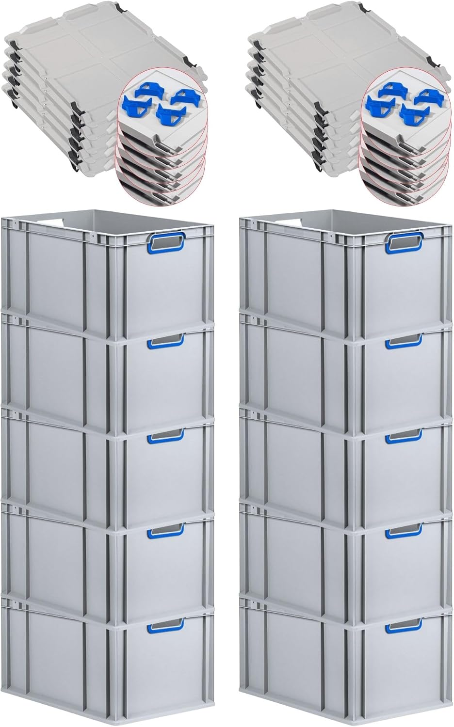 PROREGAL Economy Set of 5 Eurobox NextGen Colour with Lid and Sliding Snap Fasteners, H x W x D 22 x 30 x 40 cm, 20 L, Black, Closed Handles, Euro Container, Transport Box, Transport Container