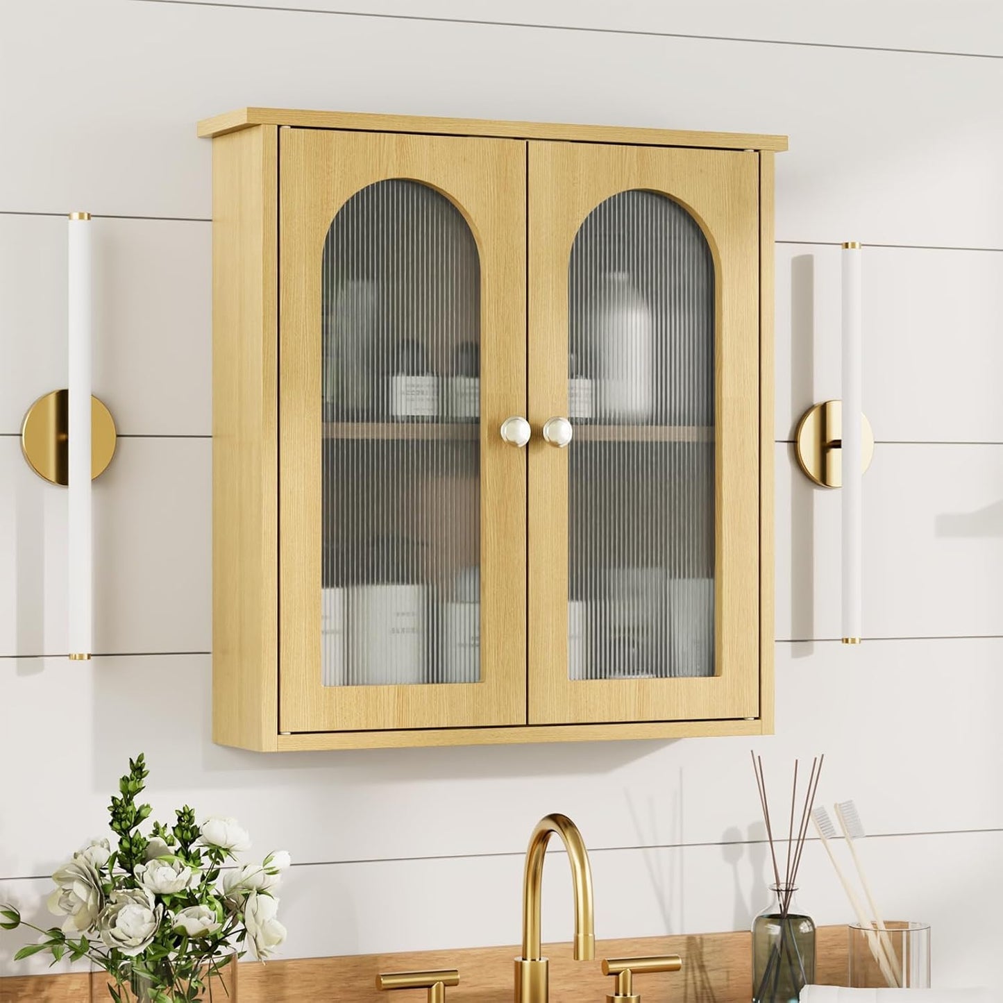 Bathroom Mirror Cabinet with 2 Doors, Wall Cabinet for Over the Toilet, Surface-Mounted Kitchen Wall Cabinet, Wall Cabinet with Shelves, Multifunctional Bathroom Cabinet, Natural