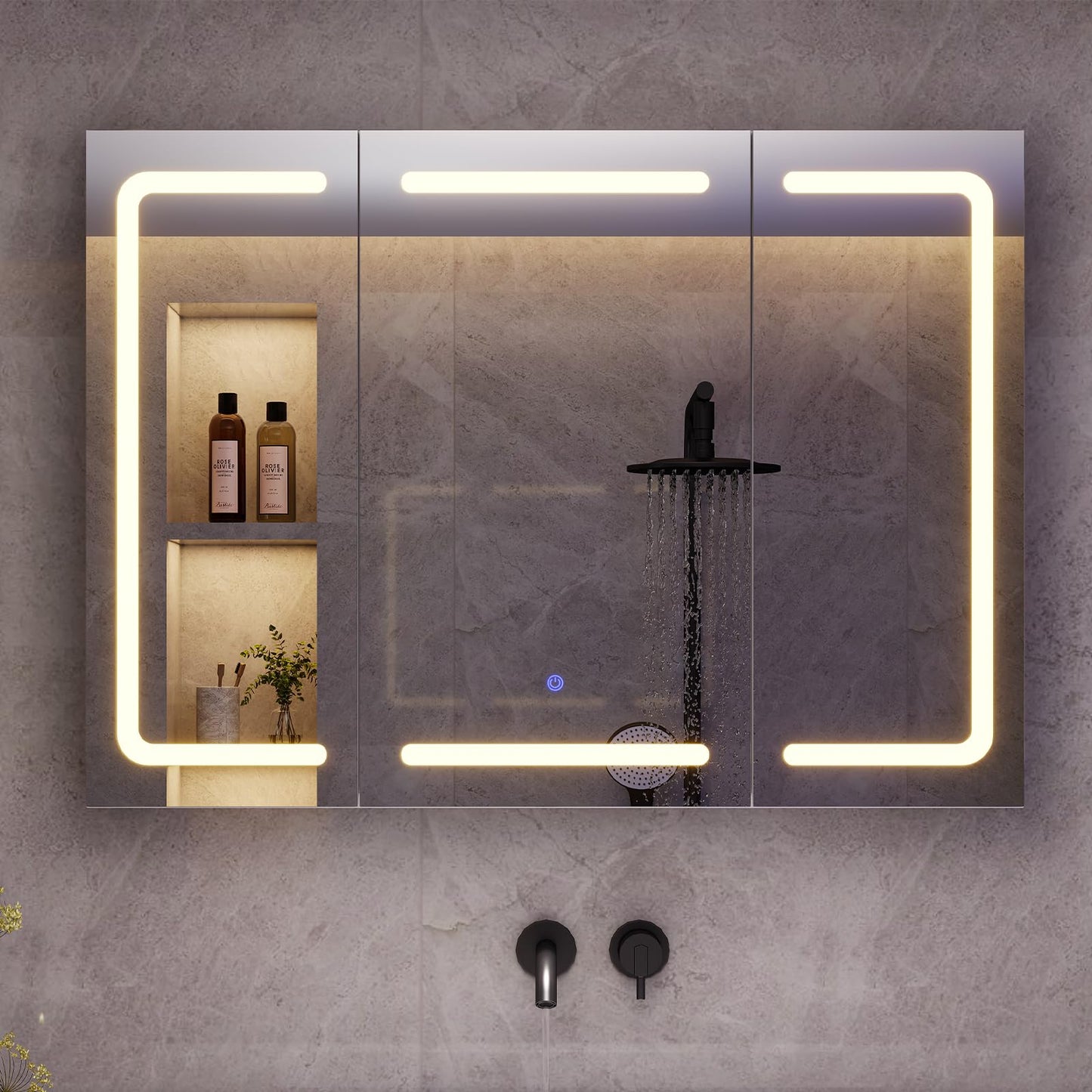 mojiasion Bathroom Mirror Cabinet 100 cm Wide with LED Lighting, Socket & 3 Colour Temperatures Dimmable Bathroom Cabinet with Touch Sensor 60 x 100 x 16 cm (H x W x D) Mirror + 3 Adjustable Shelves