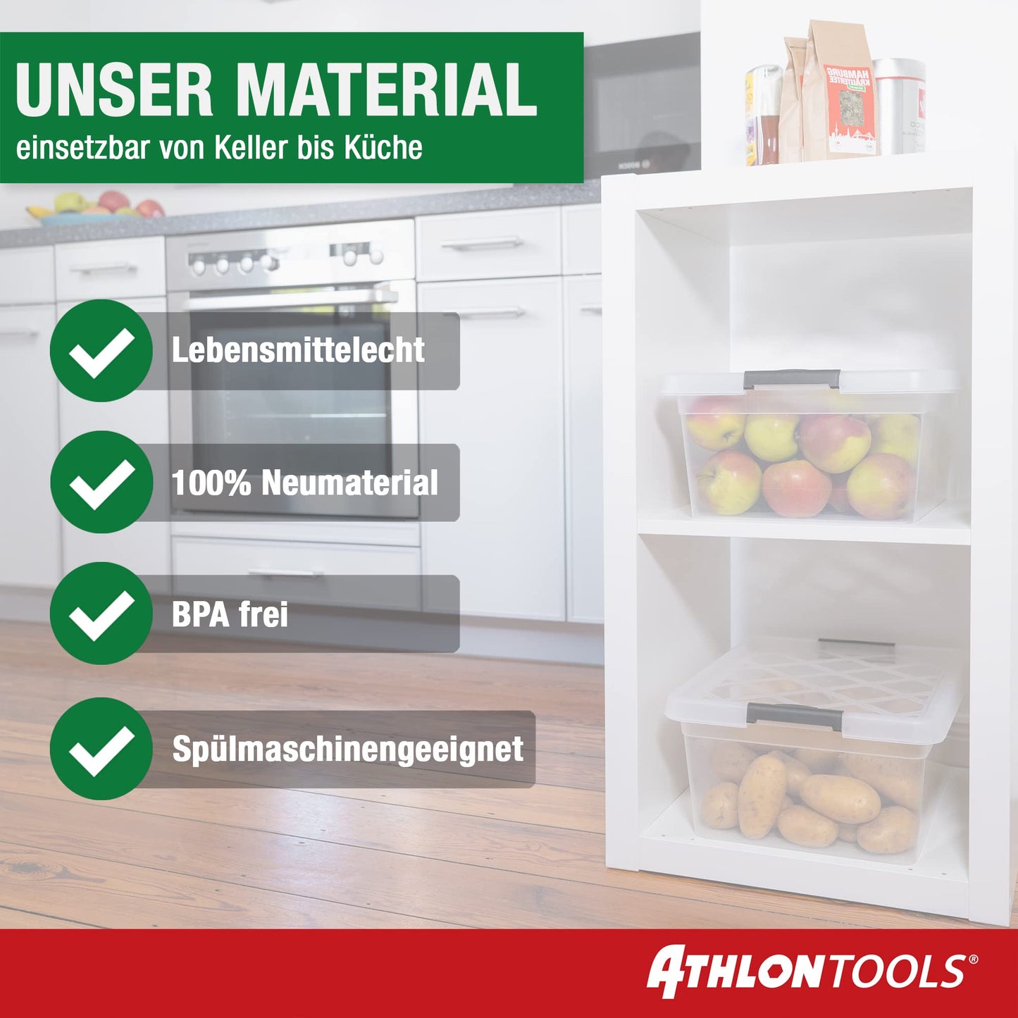 ATHLON TOOLS 4 x 60 L Storage Boxes with Lid, Food-Safe, Locking Clips, 100% New Material Plastic Box, Transparent, Clothes Boxes, Stackable