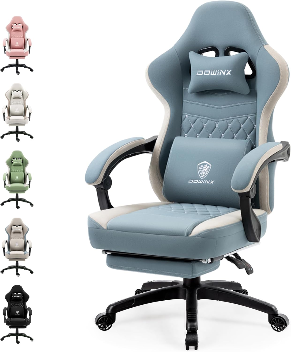 Dowinx Fabric Gaming Chair, Massage Gaming Chair with Footrest, Ergonomic PC Chair, Gamer Chair, Office Chair, 150 kg Load Capacity, Beige