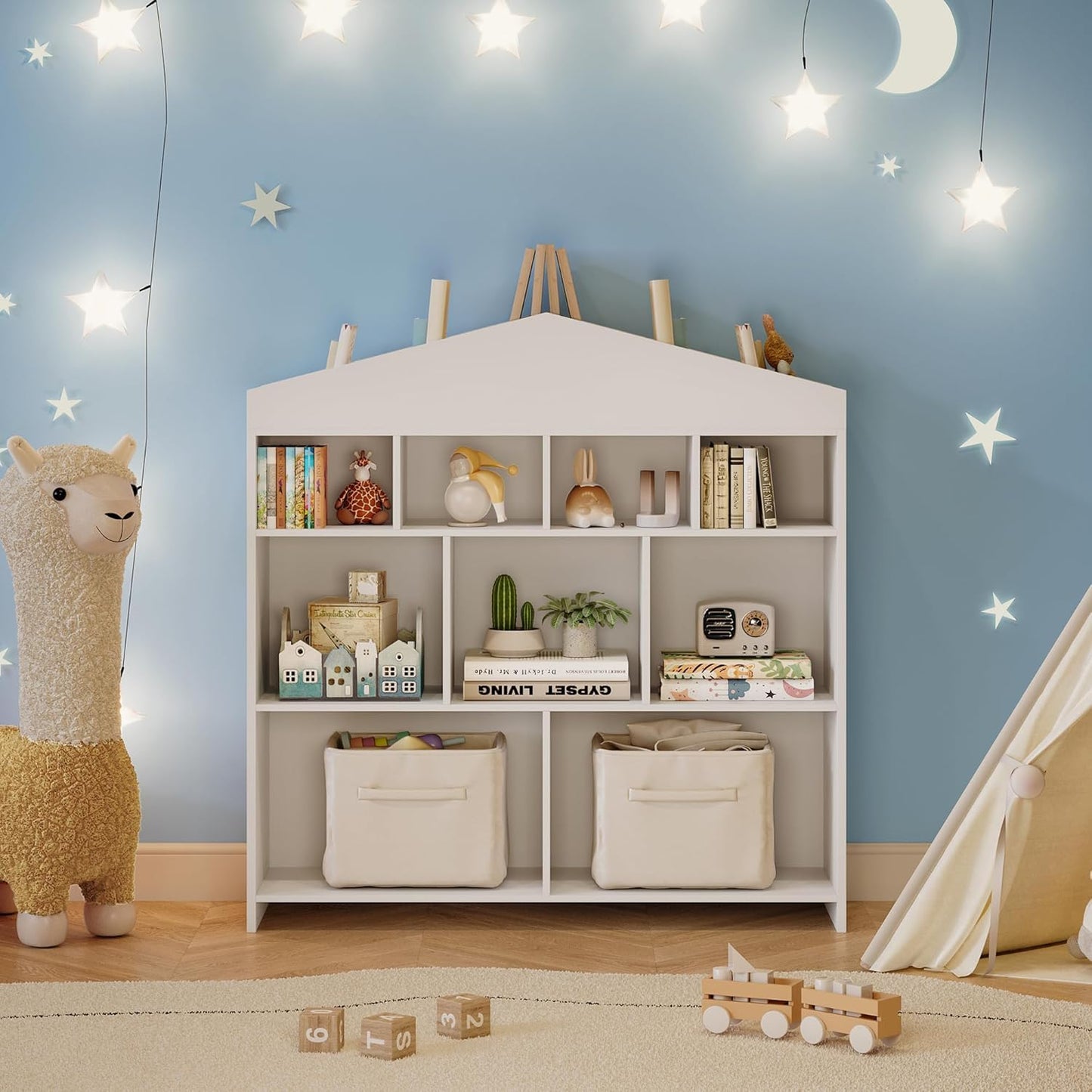 Garvee Kinder Bücherregal mit Lese Breite Kinder Bücherregal 6-Cubby Spielzeug Aufbewahrung Organizer Sitzkissen Holz Aufbewahrungsbank Spielhaus Schrank Kinderzimmer, Spielzimmer Weiß 121x30x107cm