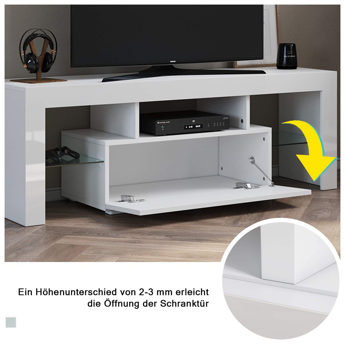 SONNI TV Board White, Handle-less Design, TV Cabinet High Gloss, TV Stand with LED Lighting, 12 Colours Can Be Adjusted, TV Shelf, Lowboard for TVs up to 65 Inches, 130 x 35 x 45 cm