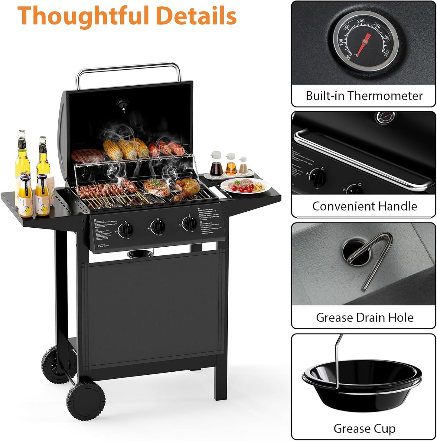 KOMFOTTEU Gas Barbecue with 3 Burners & Thermometer, 24,000 BTU, Outdoor Grill with 2 Side Plates, Cooking Grate, 2 Wheels, Garden Grill for Camping, Yard, 106 x 47 x 98 cm