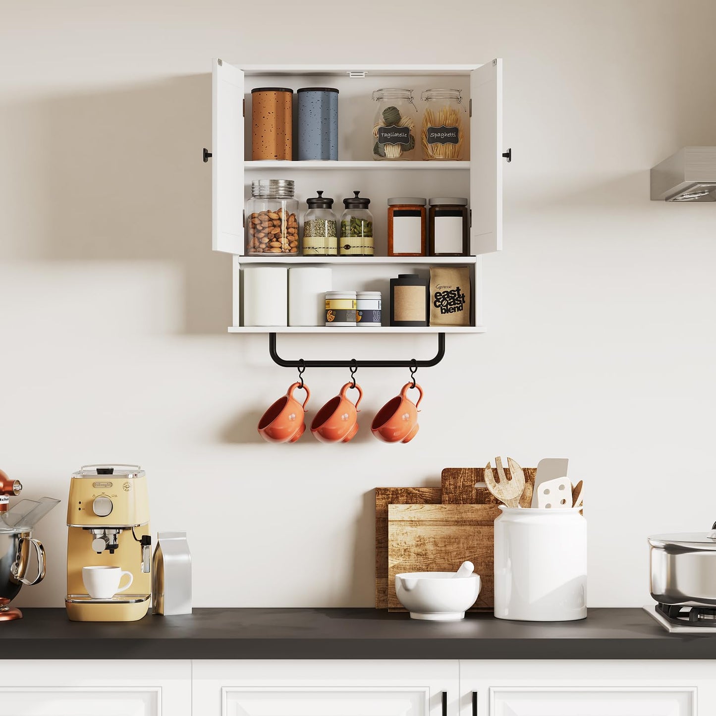 RRX Bathroom Cabinet, Wall Cabinet with Towel Rail, 56 x 13 x 65 cm, Storage Cabinet Over the Toilet with 2 Doors and Adjustable Shelf, White Wall Cabinet for Bathroom, Laundry Room (White)