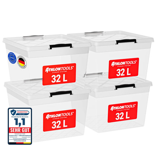 ATHLON TOOLS 4 x 60 L Storage Boxes with Lid, Food-Safe, Locking Clips, 100% New Material Plastic Box, Transparent, Clothes Boxes, Stackable