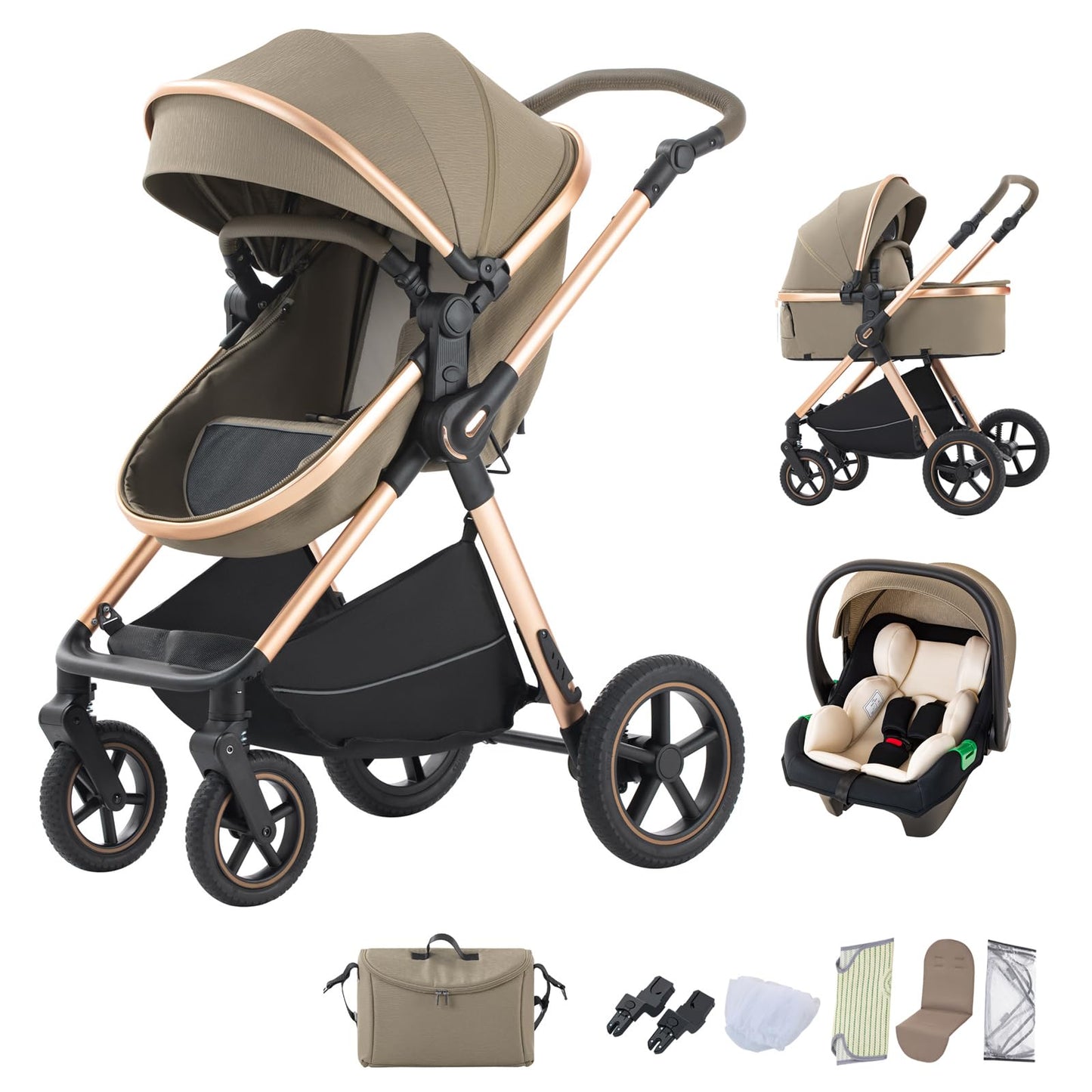 BEBBY 3-in-1 Pushchair Combination Pram Set 2-in-1 Buggy Foldable Luxury High Landscape Newborn Portable Foldable Pushchair Travel System (Black Gold, H2)