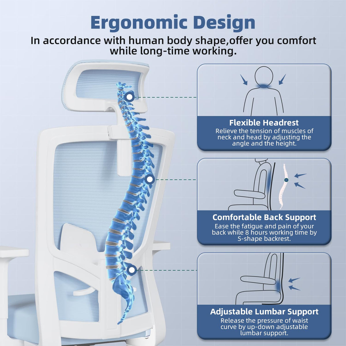 Ergonomic Office Chair with Adjustable Lumbar Support, Armrests and Headrest, Swivel Office Chair 150 kg, Desk Chair, Executive Chair, Rocker Function up to 135°
