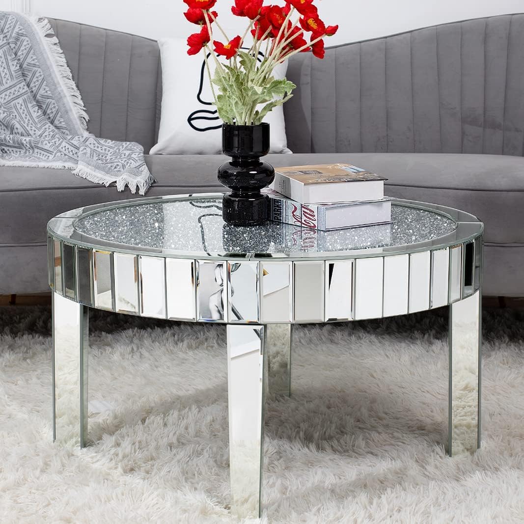 SHYFOY Mirrored Coffee Table Crystal, Round Living Room Table, Sofa Table for Living Room, Top with Crystal Diamonds, MDF Structure, Easy Assembly, Luxurious Mirror Furniture, Silver