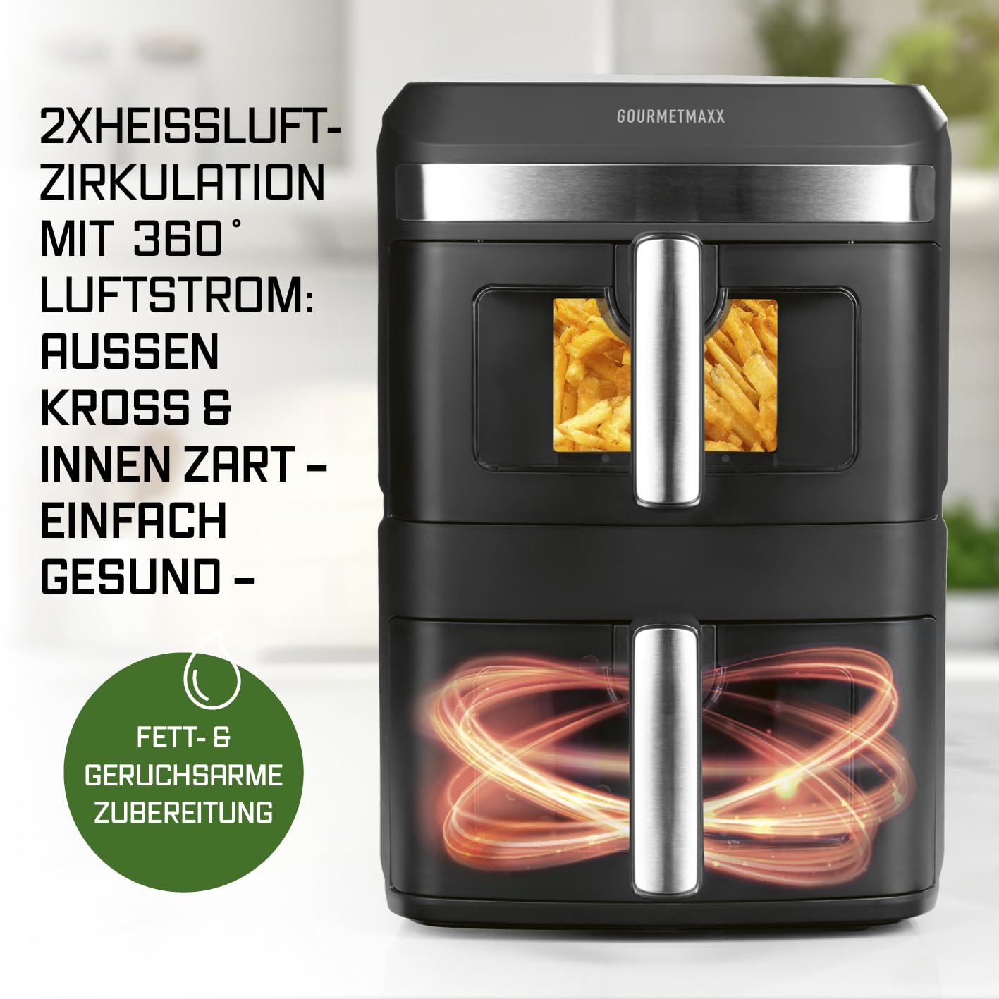 GOURMETmaxx Digitale Heißluftfritteuse 12 L, XXL-Edelstahl-Ofen | Airfryer + Timer, Touchdisplay, Drehspieß | fettarm, energiesparend frittieren | 10 Programme inkl. Pizza | 1800 W