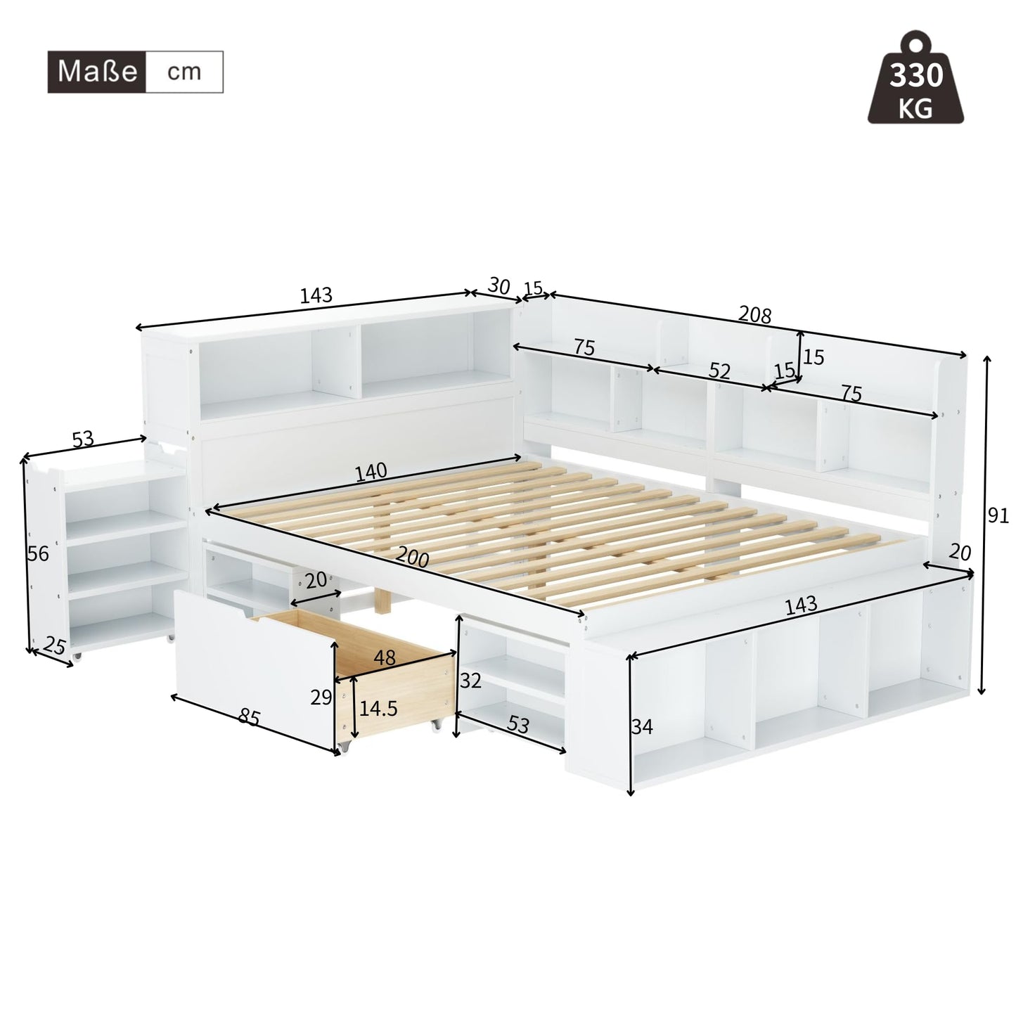 xixiworkshop Kinderbett 90x200cm Ausziehbett Bett mit Stauraum und USB-Steckdose/Mehreren Ablagefächern multifunktionales Jugendbett/Gästebett/Doppelbett mit Stauschrank Lattenrost,Ohne Matratze,Grau