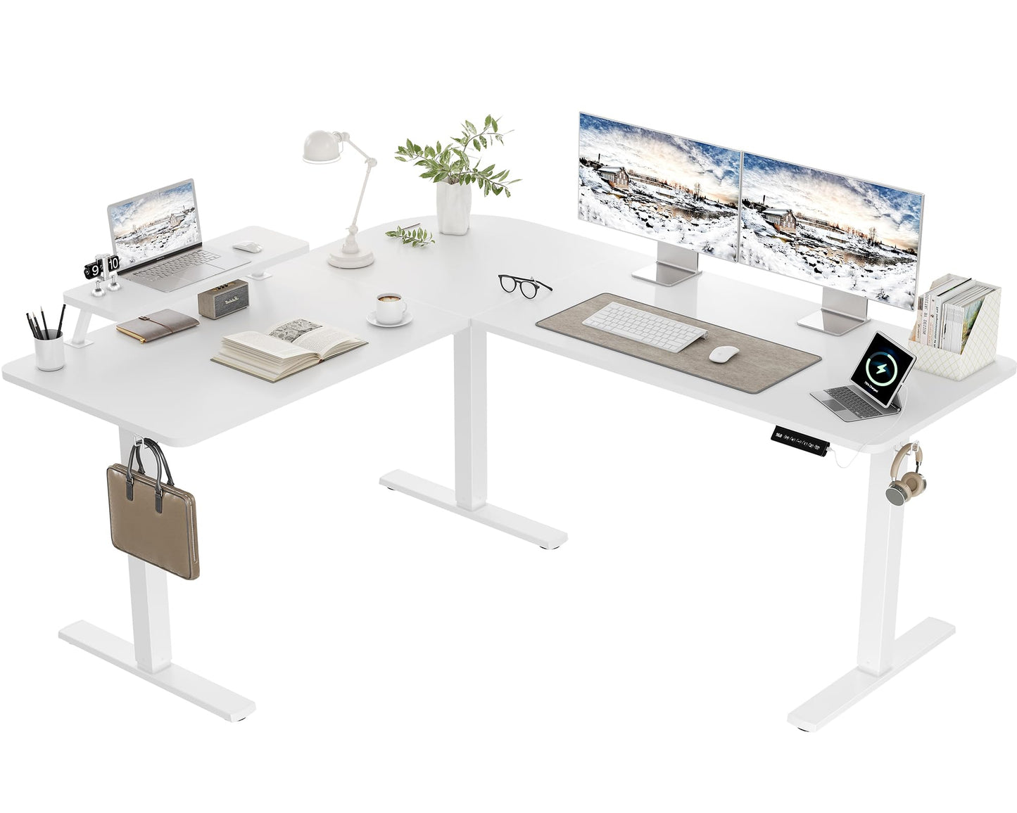 160 x 140 cm Corner Desk, Height Adjustable Desk, L Shape, L-shaped Desk, Height Adjustable, Single Motor, Shelf, Memory Control, 3 Legs, Black