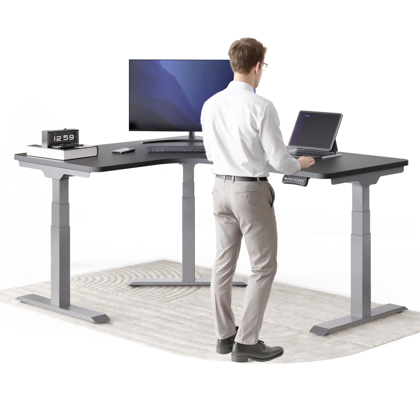 Corner Electric Height-Adjustable Corner Desk, Corner Desk with Memory Function and Anti-Collision Black Frame, Mahogany Table Top, 160 x 130 x 70 cm