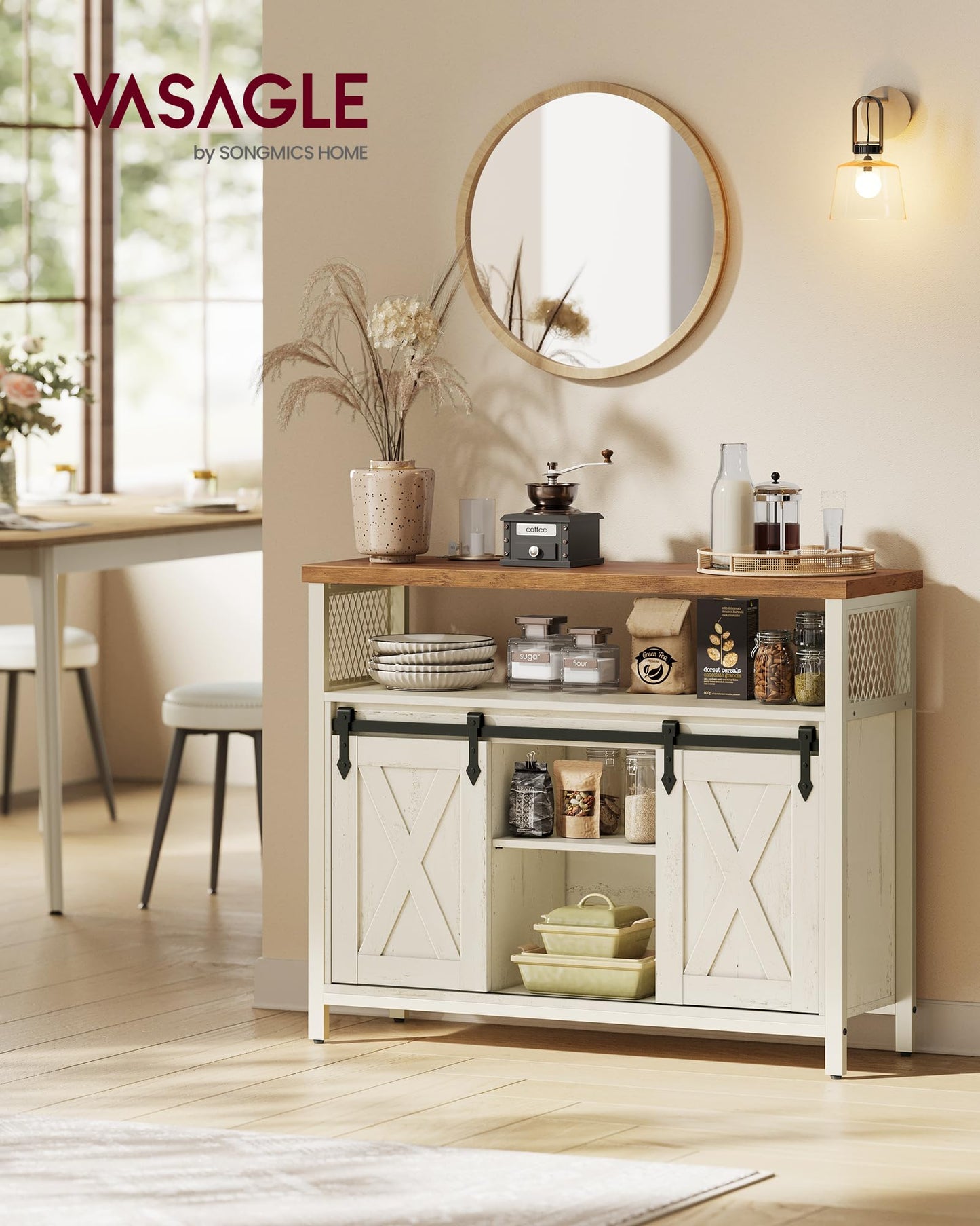 VASAGLE Sideboard, Kitchen Cabinet, Storage Cabinet with 2 Sliding Doors, 33 x 100 x 80 cm, Adjustable Shelves, Country Style for Living Room, Natural-Black LSC092B50