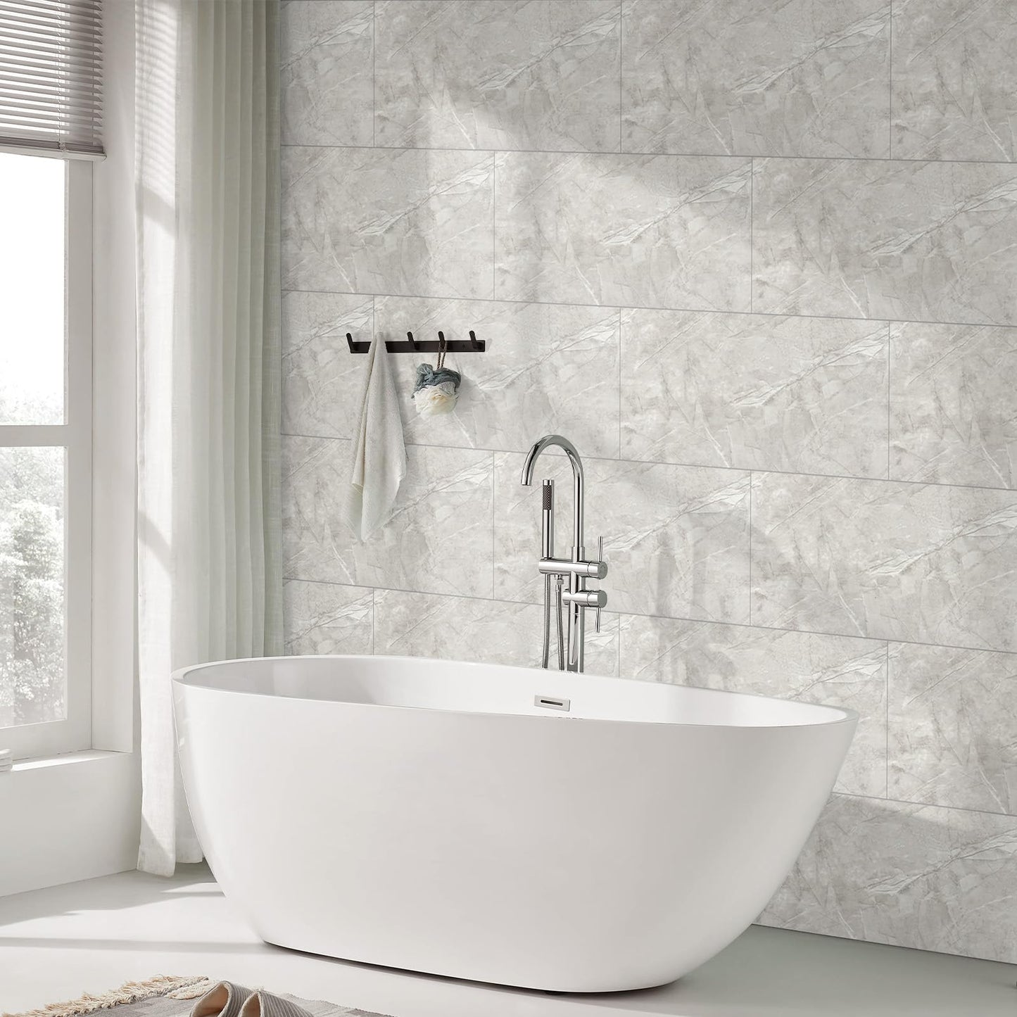 Hode Pack of 10 Adhesive Tiles, Kitchen Marble, 60 x 30 cm, Self-Adhesive Tiles, White, Waterproof, Wall Panels, Self-Adhesive for Kitchen Splashback, Bathroom, Living Room, Wall Tiles