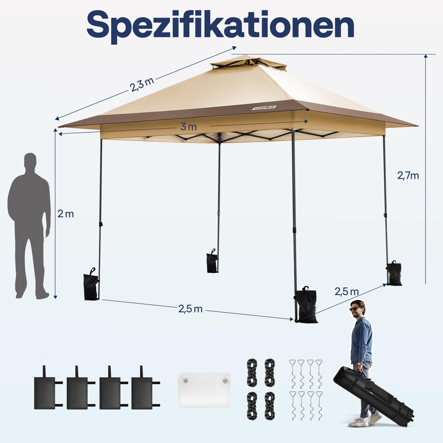 VIVOHOME 3 x 3 m Garden Gazebo with Double Roof, Height-Adjustable Pop Up Gazebo with Central Locking UV Protection 50+, Includes Carry Bag and 4 Sandbags for Garden, Outdoor, Camping