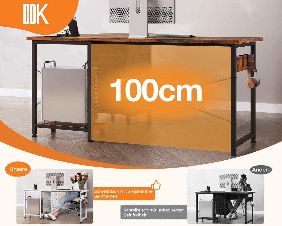 ODK Corner Desk with 4 Drawers, 155 x 110 cm, L Shape Desk with Socket and USB Charging Port, Reversible Desk with Storage Space for Office, Study, Bedroom, Vintage Brown