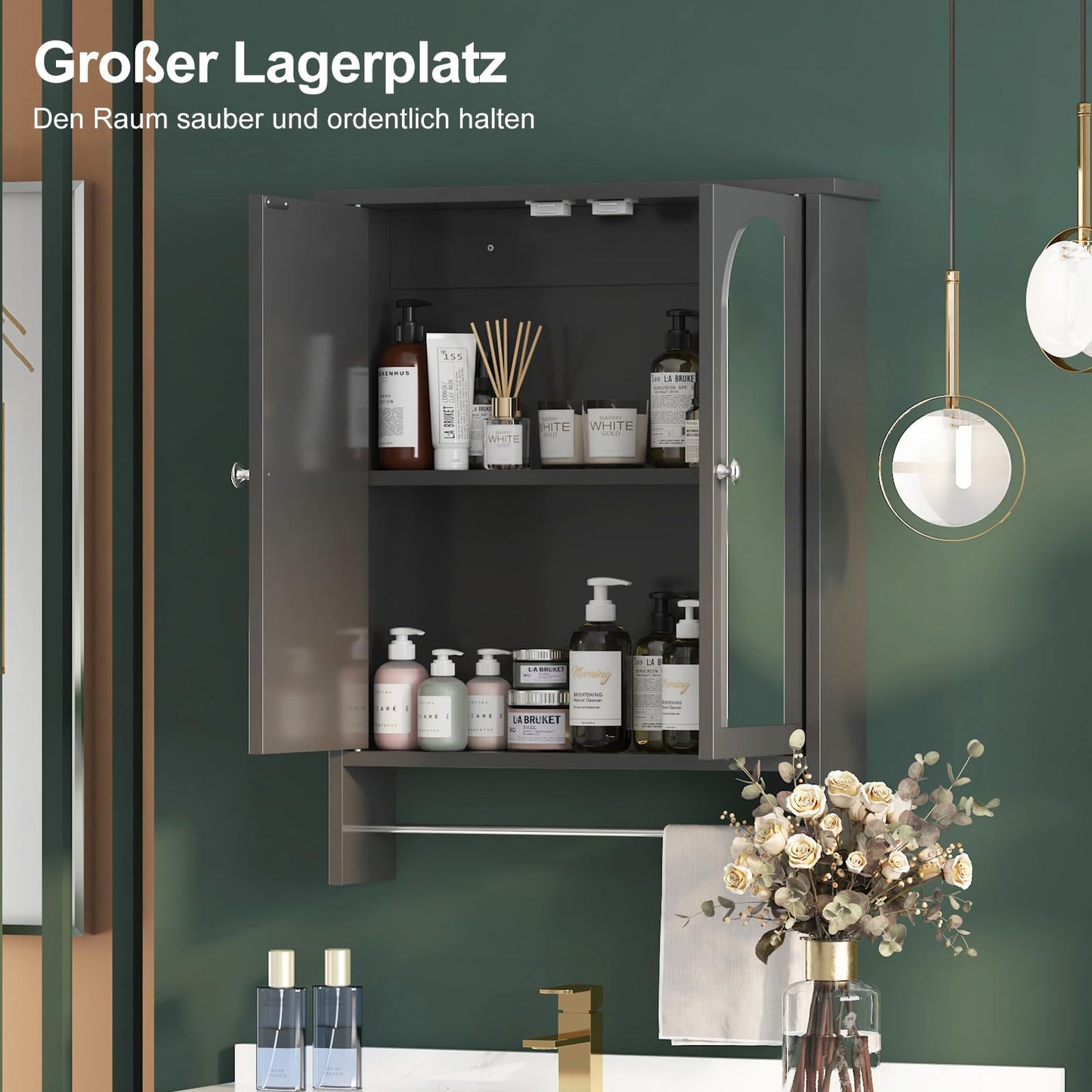 Bathroom Mirror Cabinet with 2 Doors, Wall Cabinet for Over the Toilet, Surface-Mounted Kitchen Wall Cabinet, Wall Cabinet with Shelves, Multifunctional Bathroom Cabinet, Natural