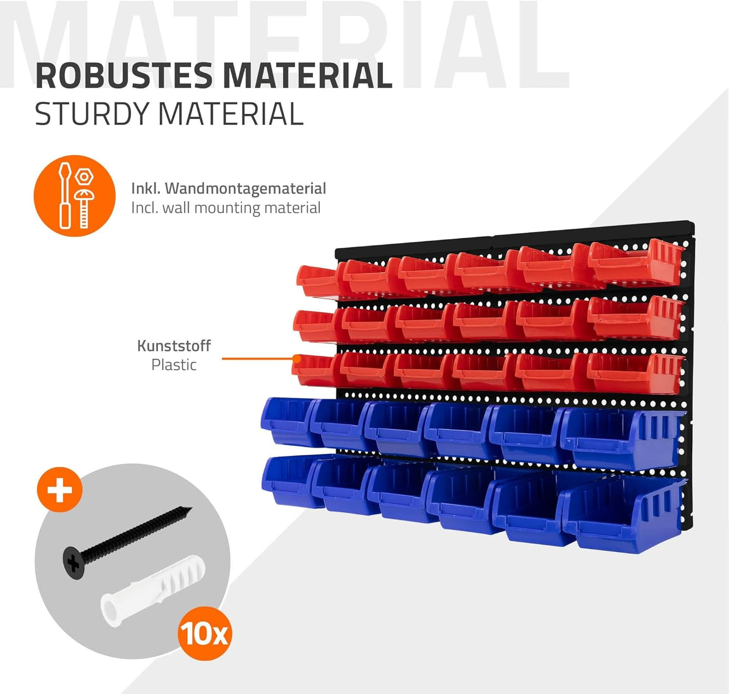 ECD Germany Wall Shelf with Stacking Boxes, 30 Pieces, Blue/Red, 18 Small / 12 Large Pours with Label Compartment, Workshop Shelf, Expandable Small Parts Magazine, Storage System, Storage Shelf,