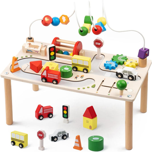 7-in-1 Montessori Wooden Activity Table with Shape Sorter & Learning Clock, Motor Skills Toy from 3 Years, Educational Toy Gift for Boys Girls for Birthday