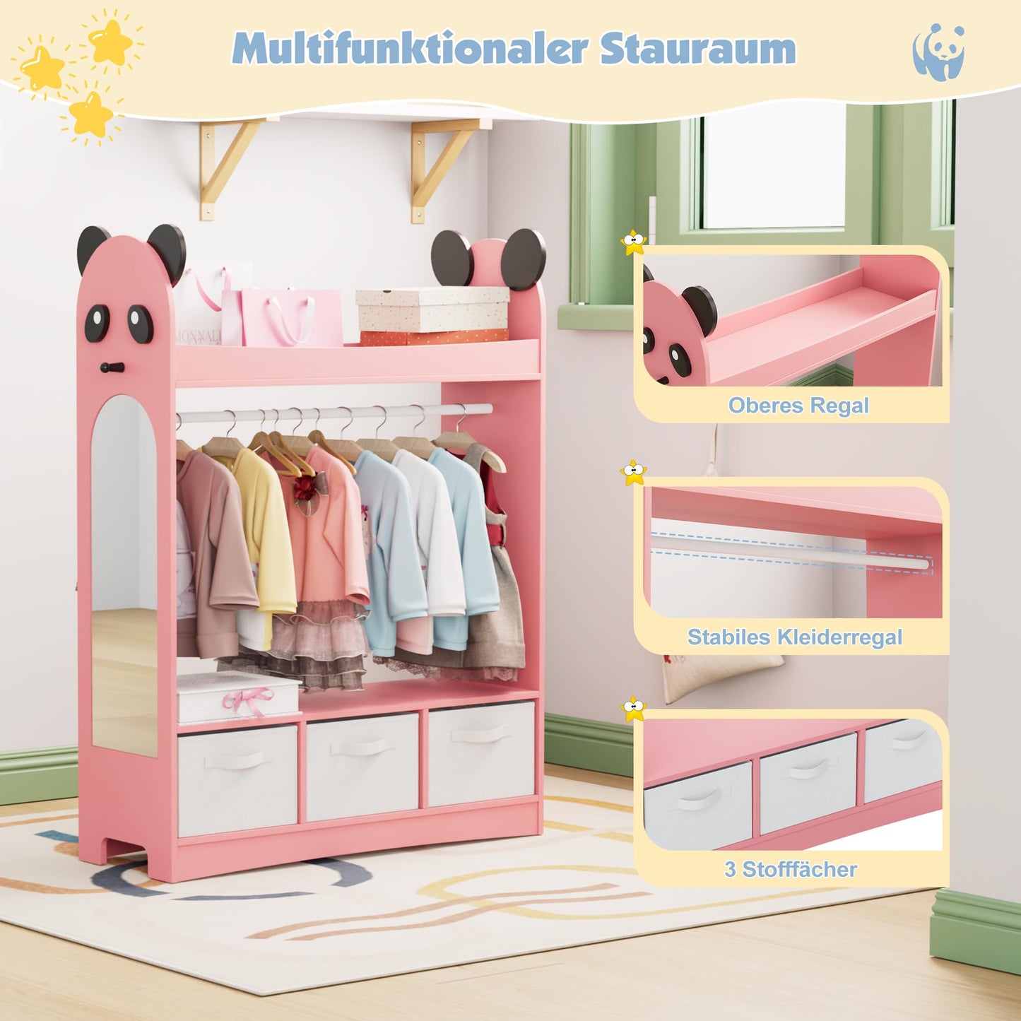 Children's Clothes Rack with Mirror, Clothes Rail with Shelves, Children's Wardrobe Wood, Children's Shelf for Children's Room, 81 x 28 x 106.5 cm (Clouds with 2 Drawers, White)