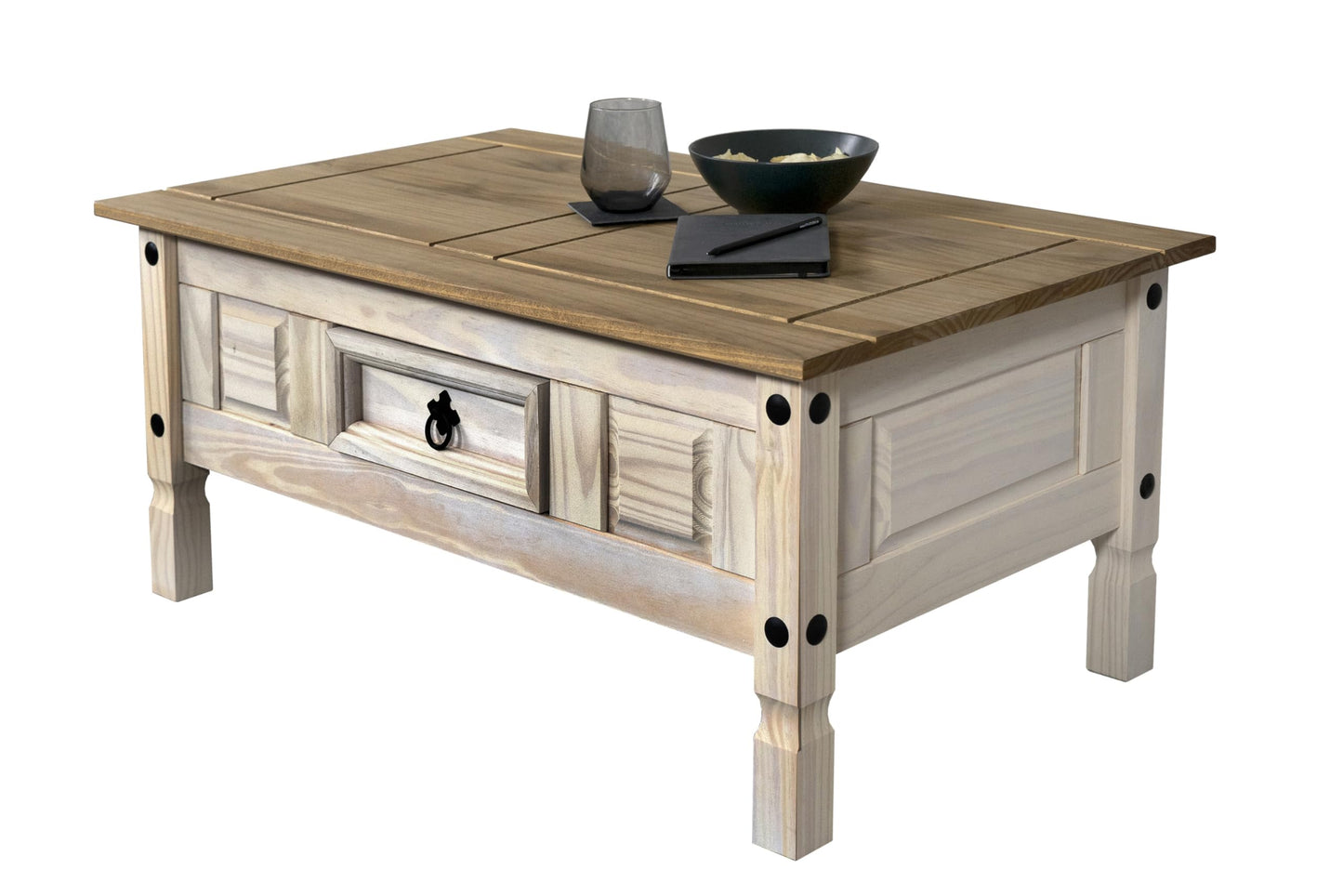 SAM Cancun Coffee Table Solid Pine Wood Side Table with Drawer White Varnished Honey Top Plate Black Metal Handle Mexico Furniture