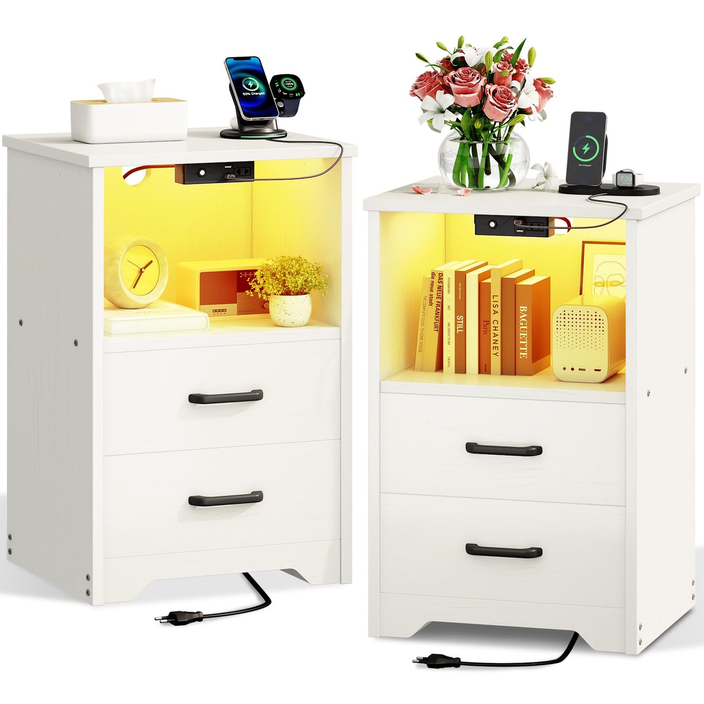 Coleshome Bedside Table with 2 Sockets and 2 USB, Bedside Tables with 10 Colours LED, Bedside Table White with 2 Wooden Drawers and Storage Space, 1 Pack
