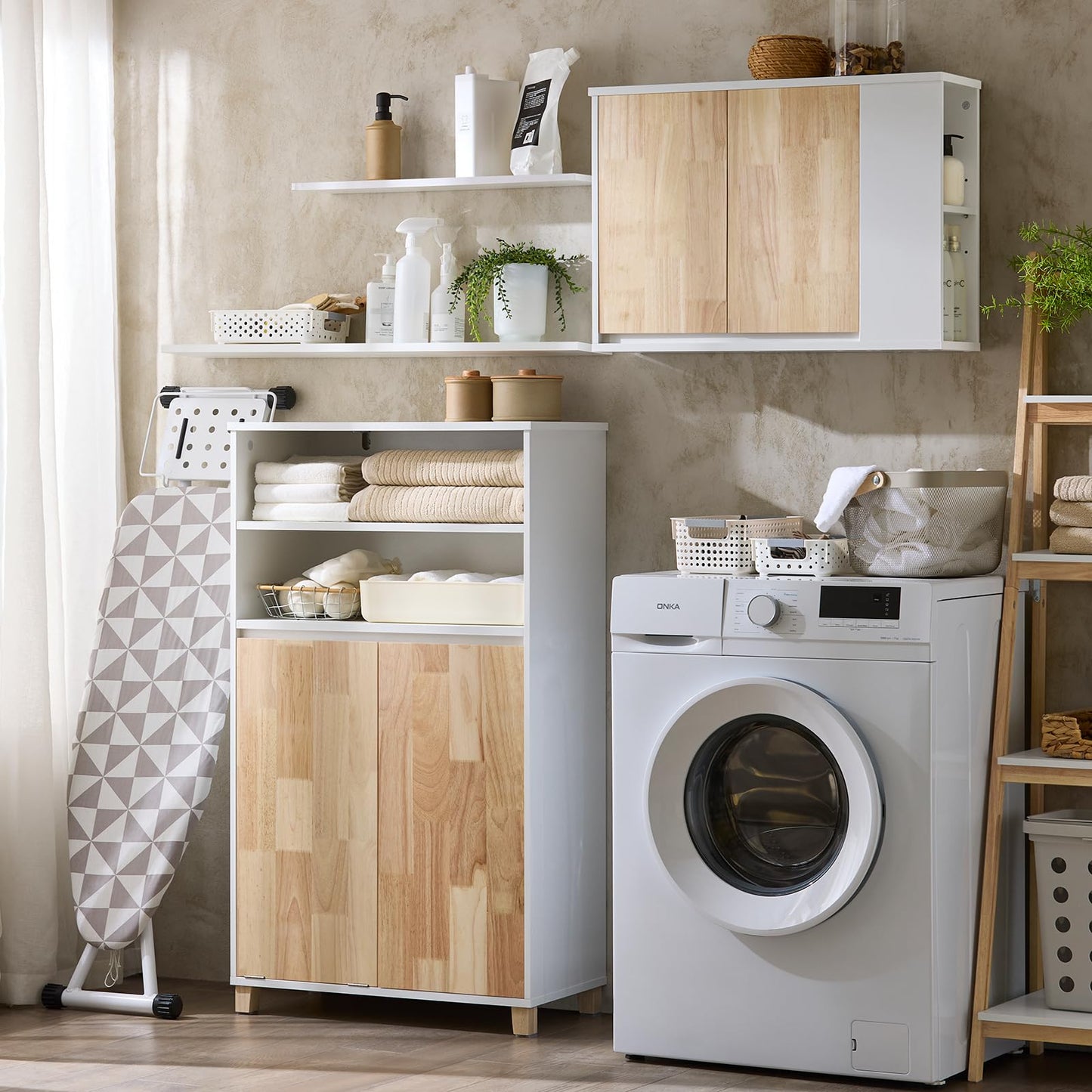 SoBuy BZR75-W Vanity Unit Bathroom Furniture - Bathroom Cabinet with Siphon Cut-Out, 2 Doors & 2 Open Compartments - Space-Saving Vanity Unit, White / Natural 60 x 60 x 29 cm