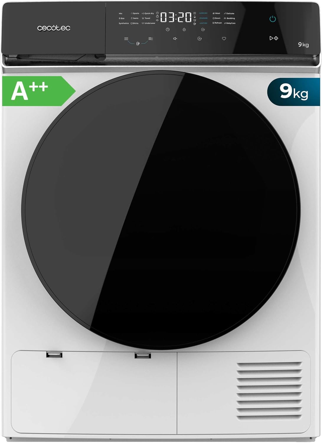Cecotec Heat Pump Dryer - 9 kg Bolero DressCode Dry 9400 A++. Automatic Drying, Low Energy Consumption, Full Touch, 15 Programmes, Stainless Steel Drum, KidLock, Delay Start Function