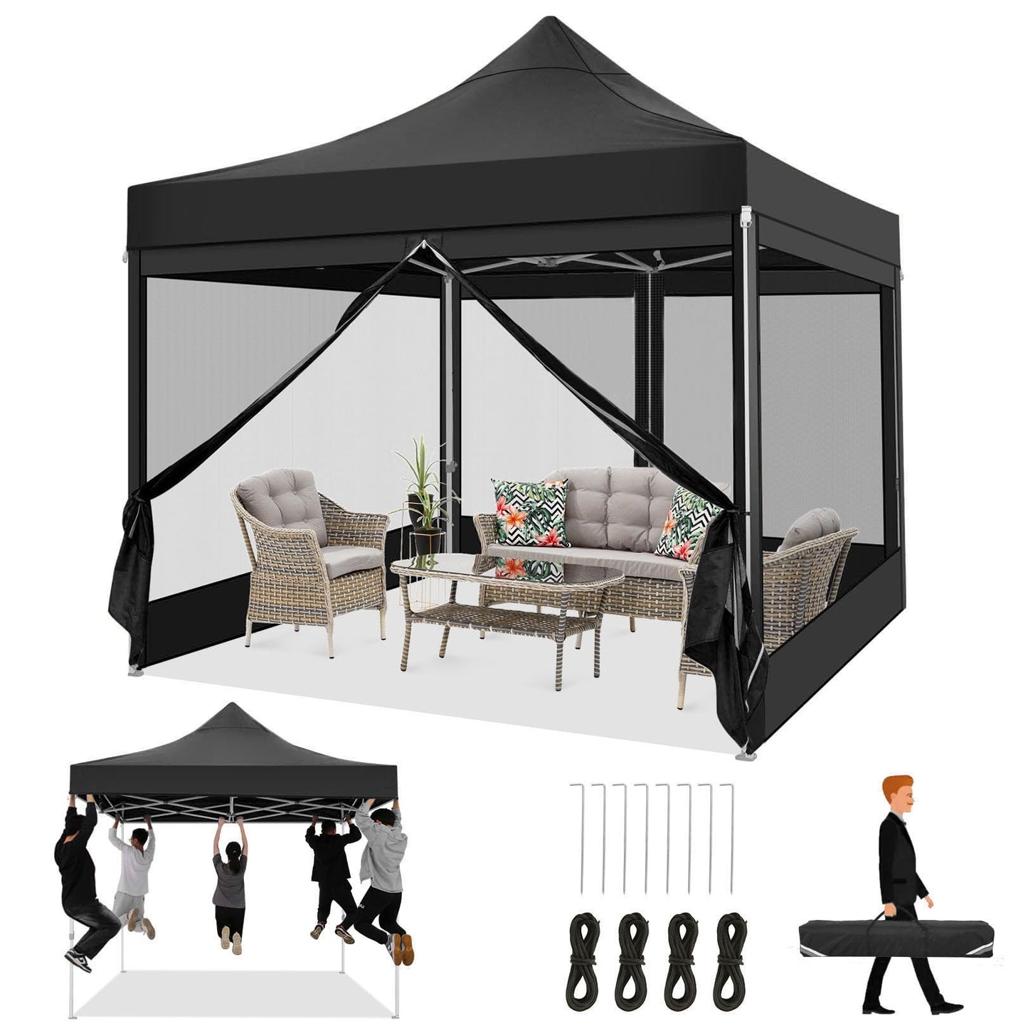 COBIZI Folding Gazebo 3 x 3 m Gazebo 3 x 3 m Waterproof Stable Party Tent Foldable with 4 Side Walls Mosquito Net Pop Up Garden Gazebo Anti-UV for Garden, Grey