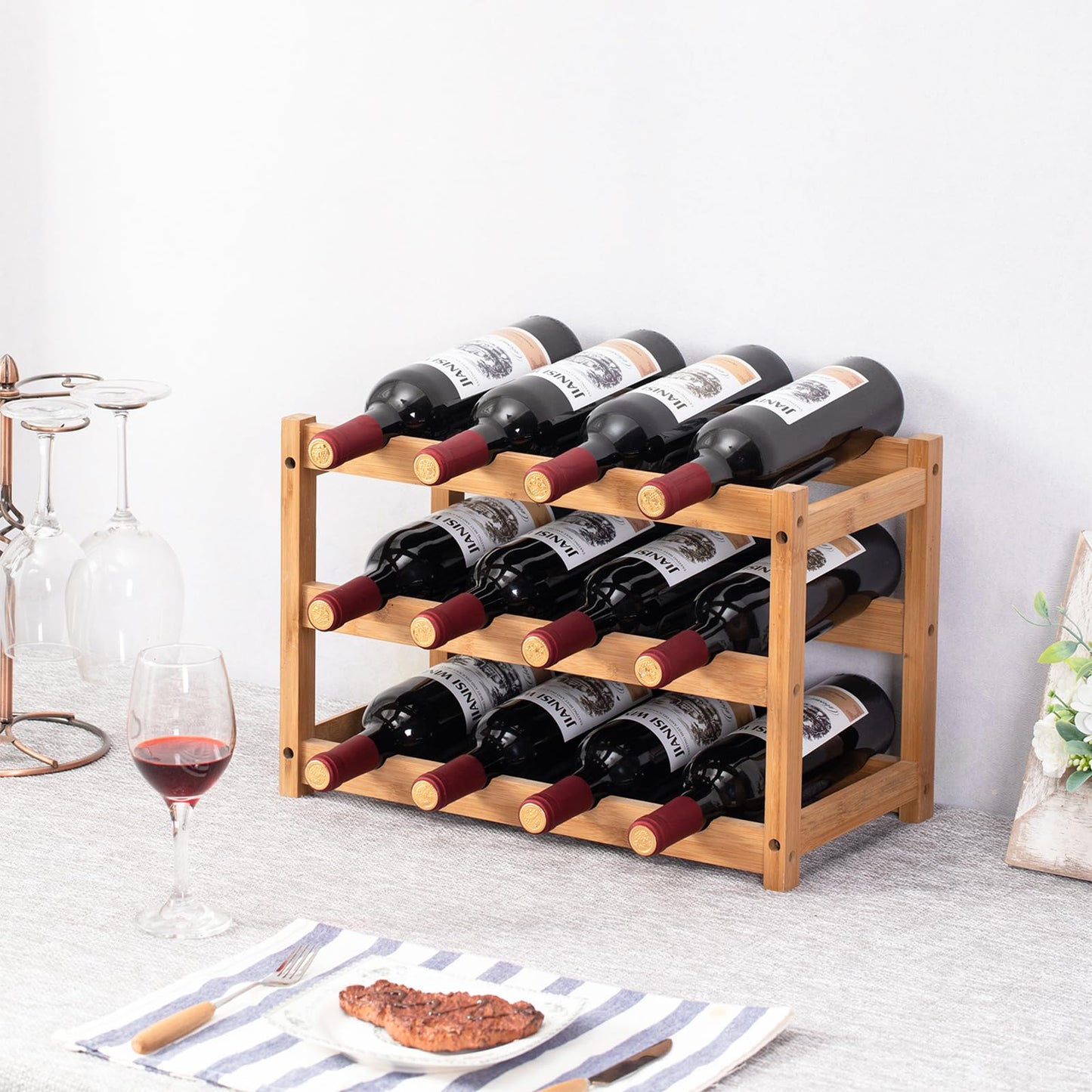 Wine Rack, Small Bottle Rack Storage Holder, Natural Bamboo Bottle Holder, Wine Bottle Shelf for Kitchen, Countertop, Cellar, Bar, Cabinet (2 Tiers, 8 Bottles)