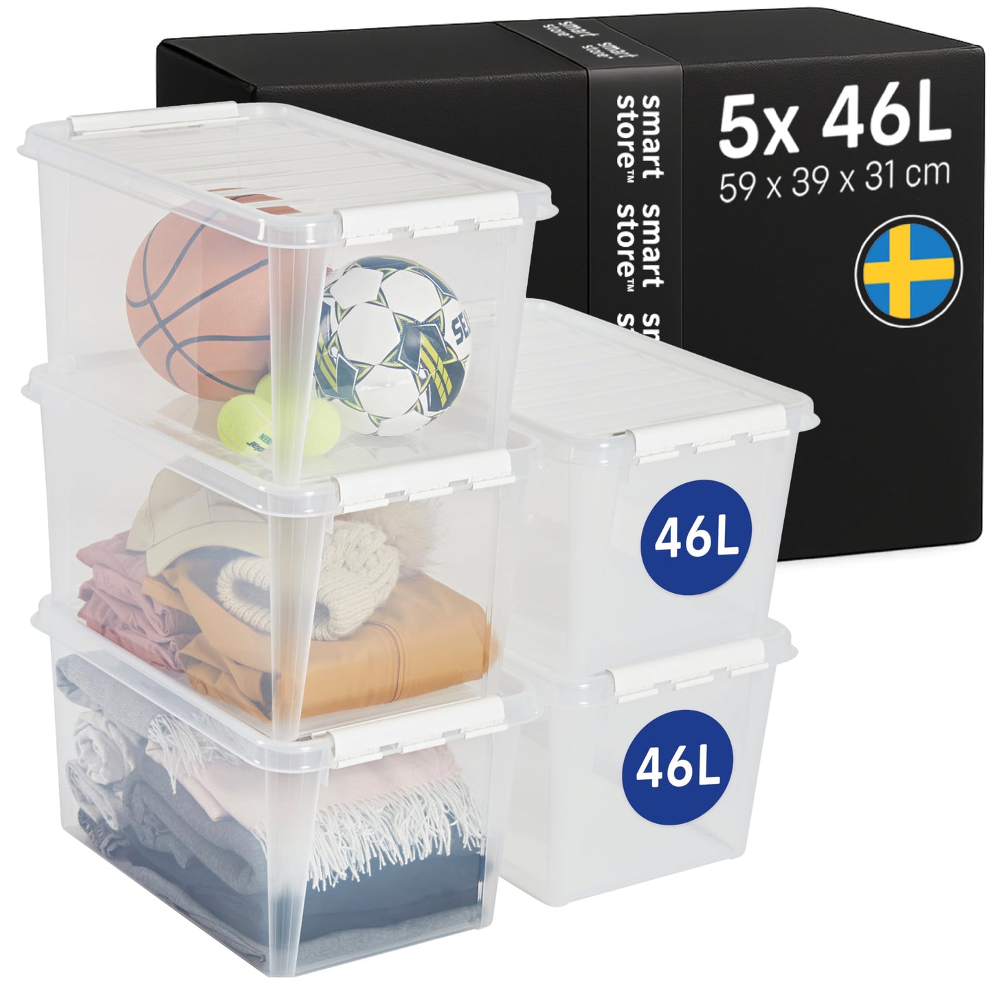 SmartStore - 5 x Storage Box with Lid Classic 46L (59 x 39 x 31 cm) | Stackable Box with Lid | Food-Safe Plastic Box | Plastic Box with Lid and Reinforced Corners