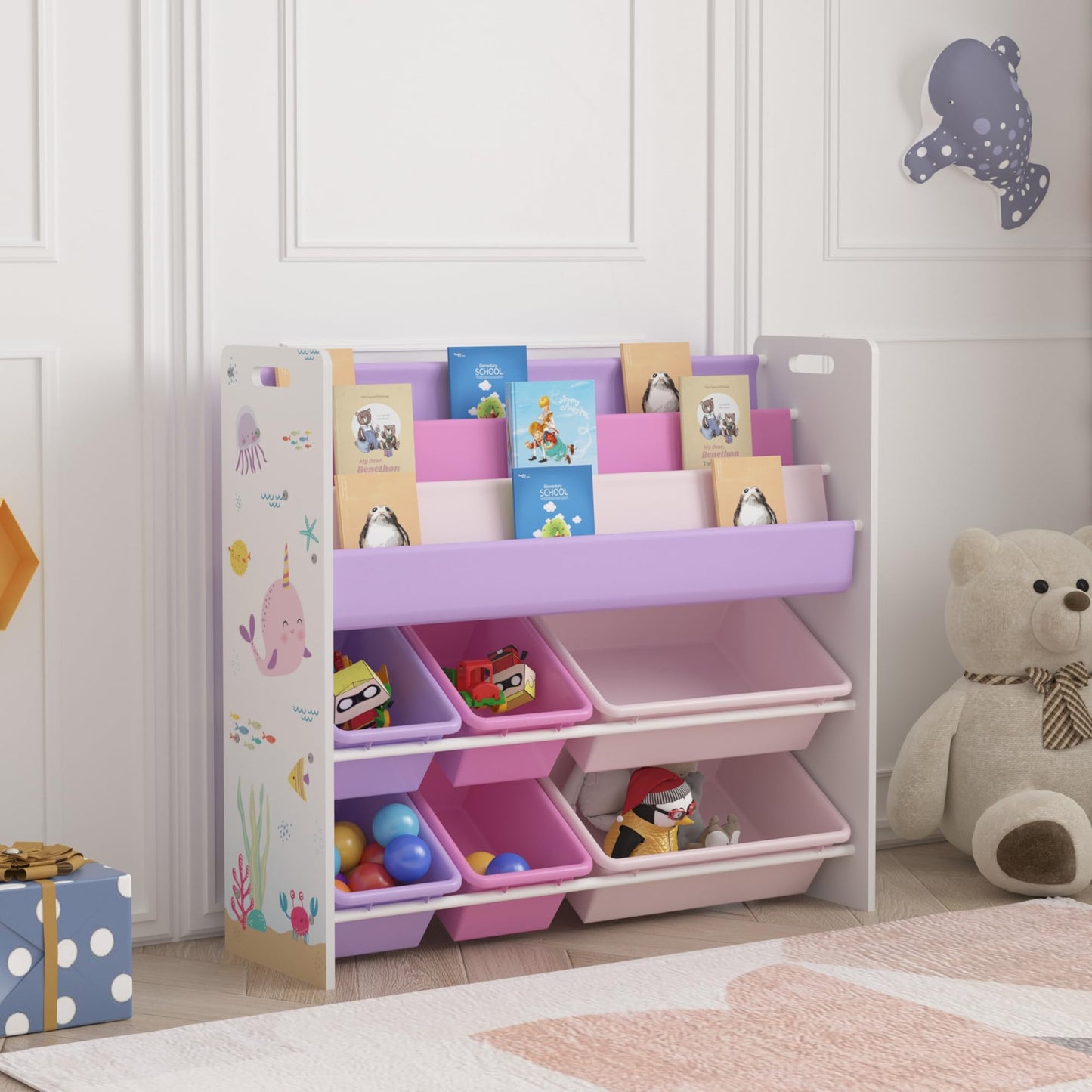 [en.casa] Kinderregal Rødøy Bücherregal für Kinder mit 6 Kisten Spielzeugregal 78 x 86 x 27 cm Spielzeug Aufbewahrung Koala Motiv