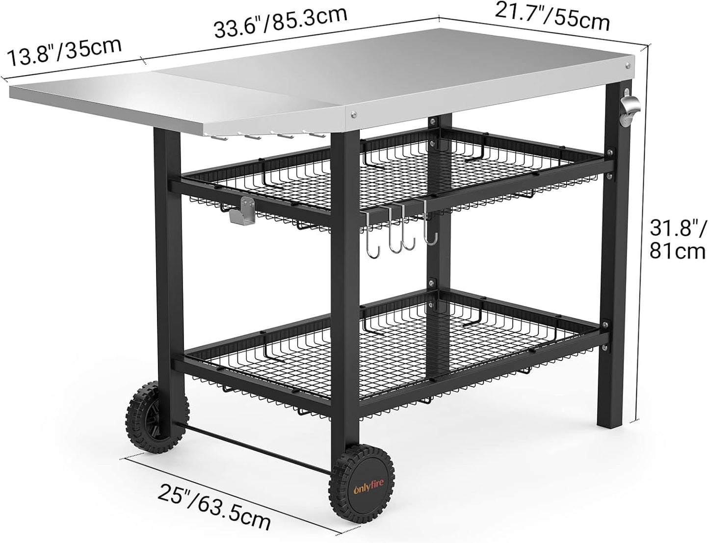 Onlyfire Barbecue Trolley, Stainless Steel Grill Table with Large Work Surface and Side Table, Grill Side Table, Outdoor Grill Table, Outdoor Serving Trolley, Outdoor Garden Trolley for Outdoor,