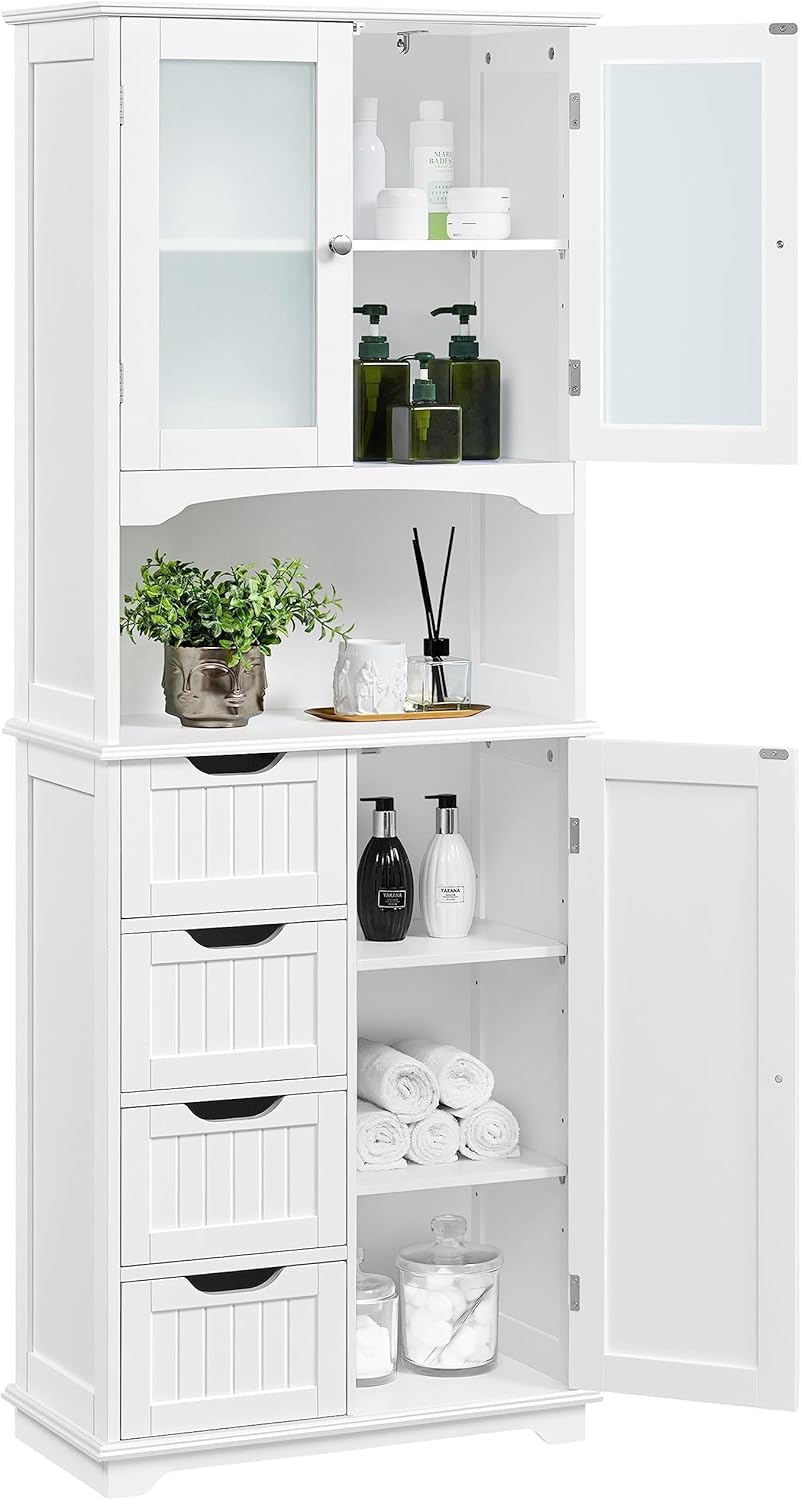 Yaheetech Tall Bathroom Cabinet, Kitchen Cabinet with Glass Doors and Storage Compartment, Storage Cabinet, Bathroom Chest of Drawers with 4 Drawers and Adjustable Shelf, 63 x 30 x 165.5 cm