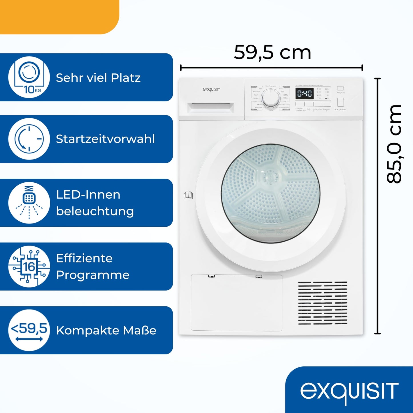 Exquisit Clothes Dryer 7 kg, Dryer, Delay Start, Wrinkle Protection, Exhaust Dryer, 15 Programmes, Child Lock, Energy Class G, TAE70-70 White