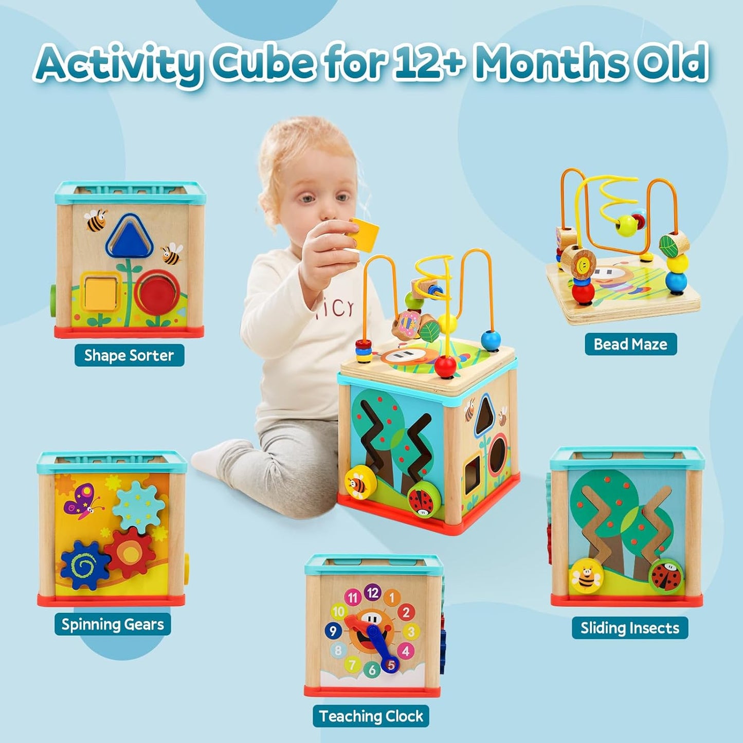 TOP BRIGHT Wooden Shape Sorter Activity Cube Toy for 1 Year Old Baby - 1st Birthday Gift for Girls Boys 12 Months +