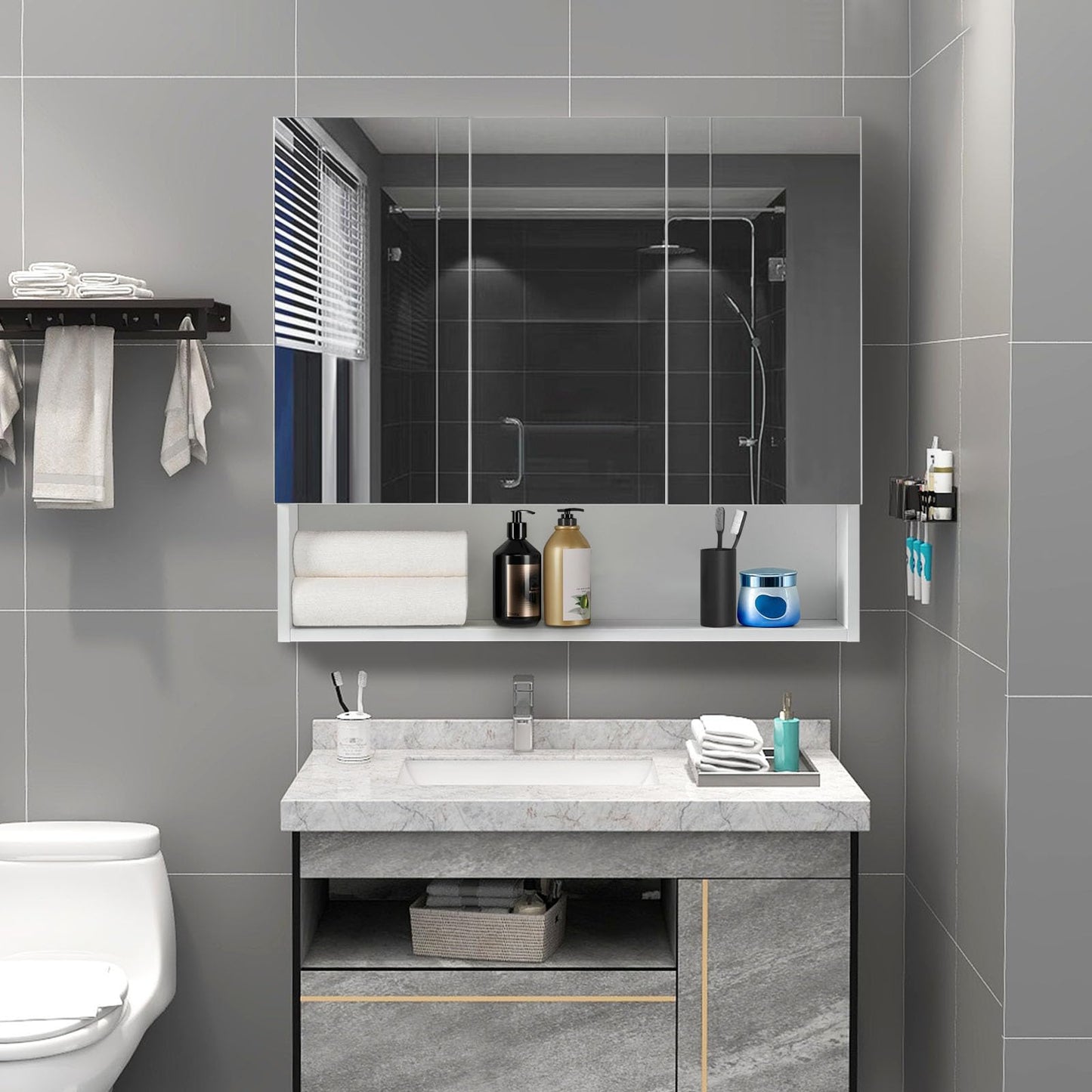 TUKAILAI Mirror Cabinet Bathroom Cabinet with 2 Toy Doors and Additional Shelf Storage Cabinet with Adjustable Shelves Wall Cabinet Medicine Cabinet Wall Cabinet for Bathroom White