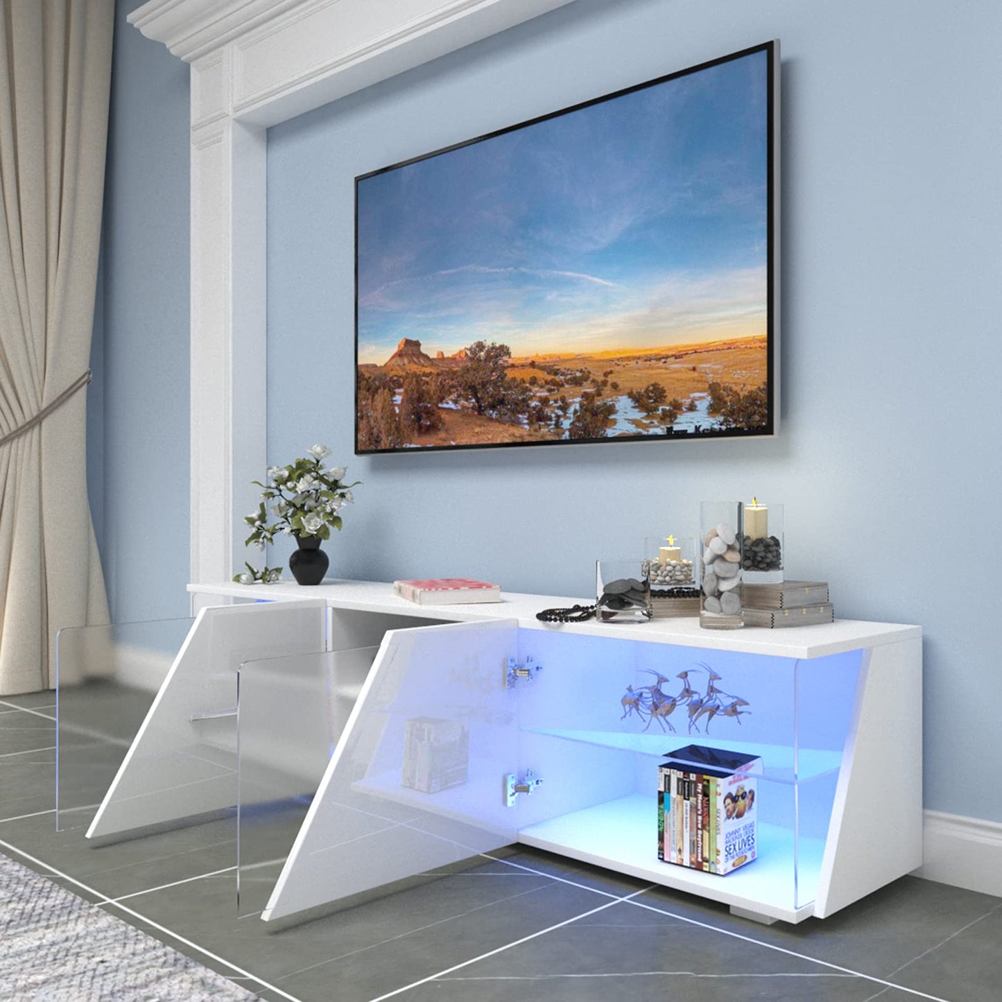 Dripex TV Lowboard White High Gloss with LED Lighting Cabinet TV Table TV Display Cabinet 150 x 37 x 35 cm